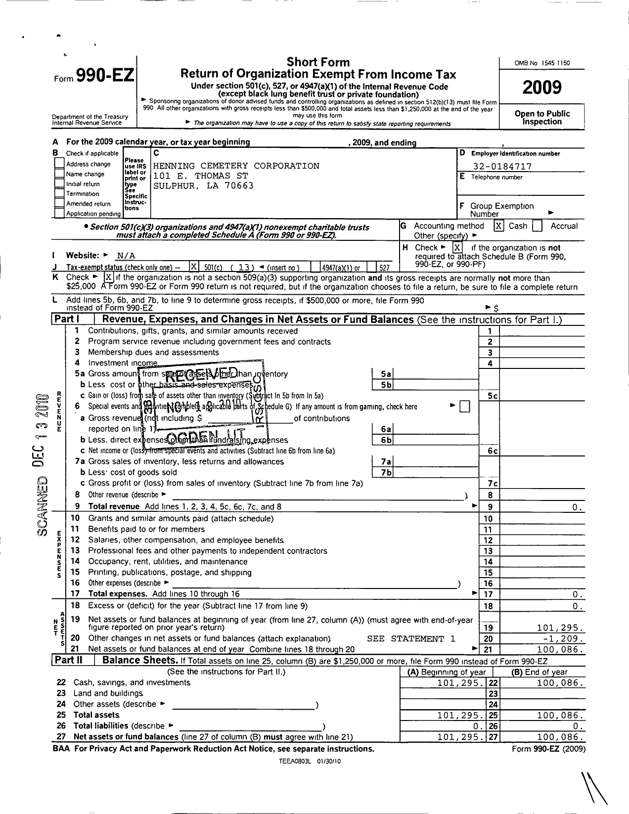 Image of first page of 2009 Form 990EO for Henning Cemetary Corporation