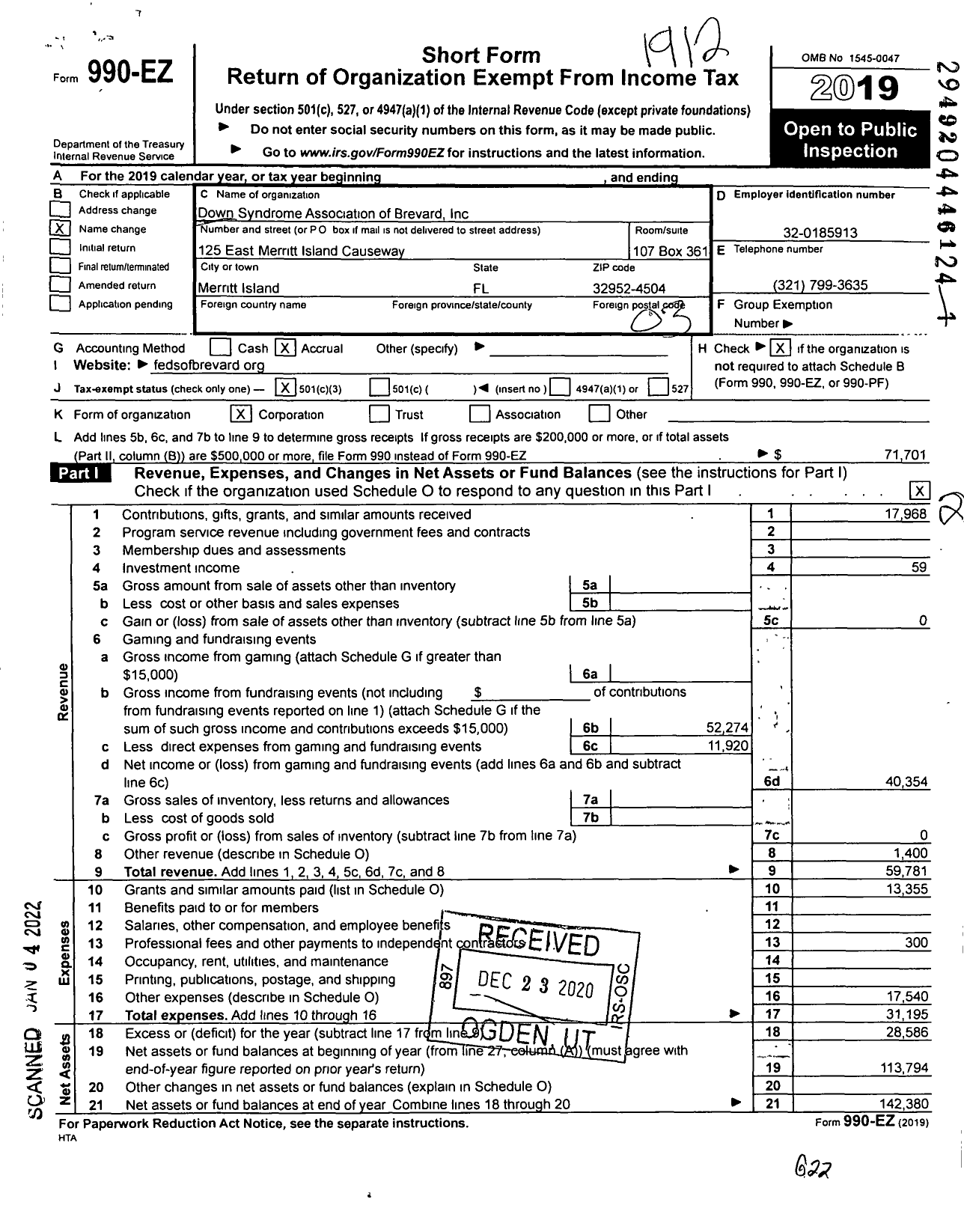 Image of first page of 2019 Form 990EZ for Down Syndrome Association of Brevard