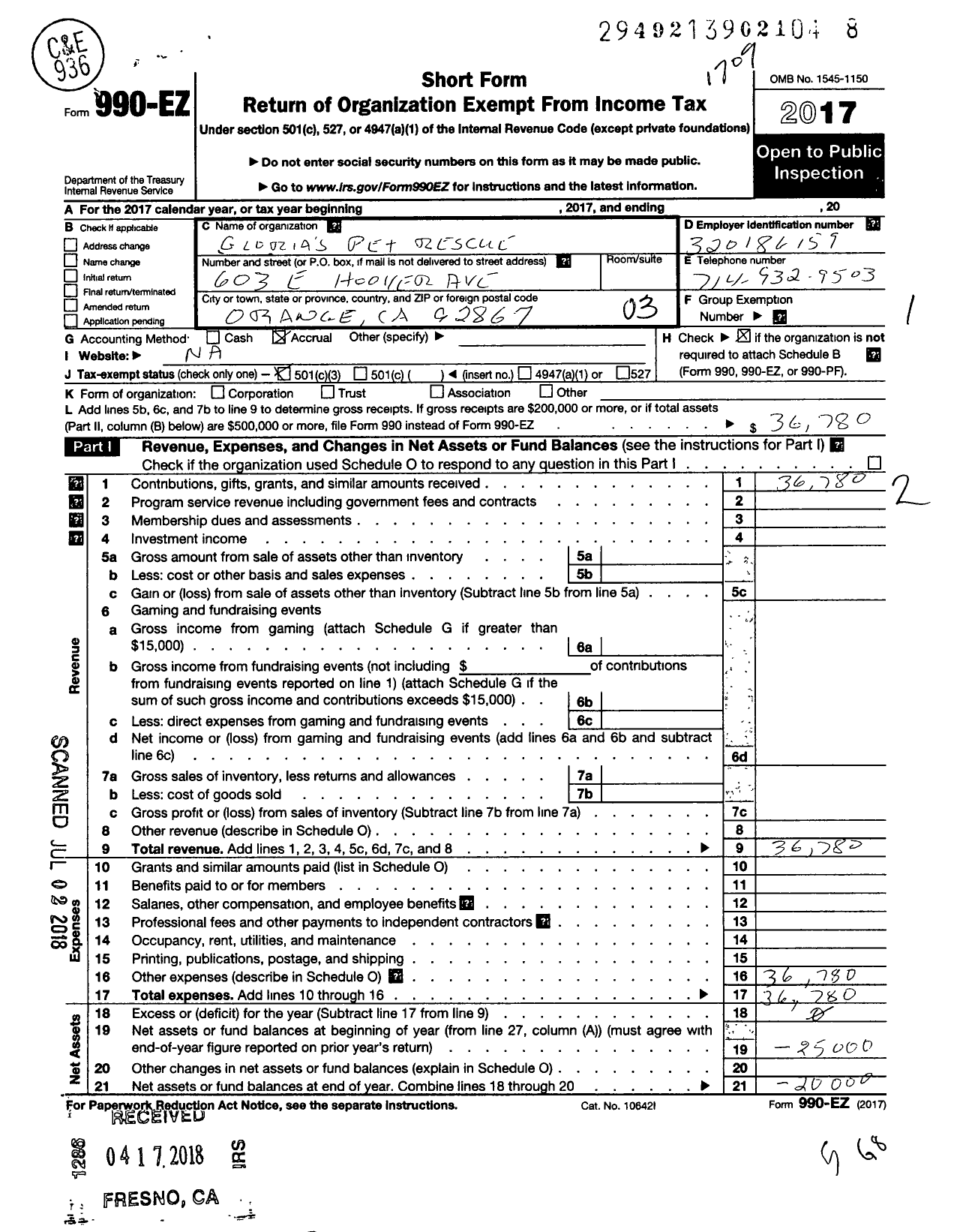 Image of first page of 2016 Form 990EZ for Glorias Pet Rescue