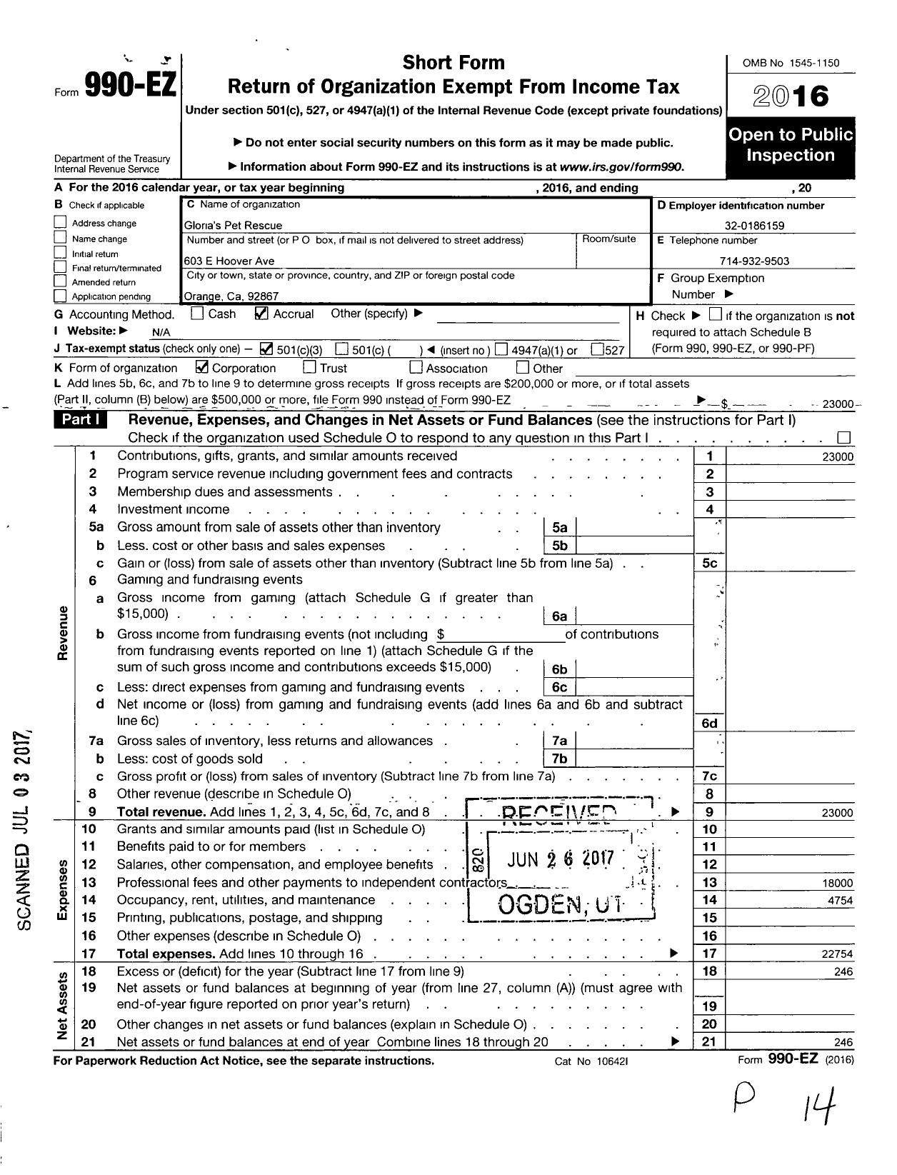 Image of first page of 2016 Form 990EZ for Glorias Pet Rescue