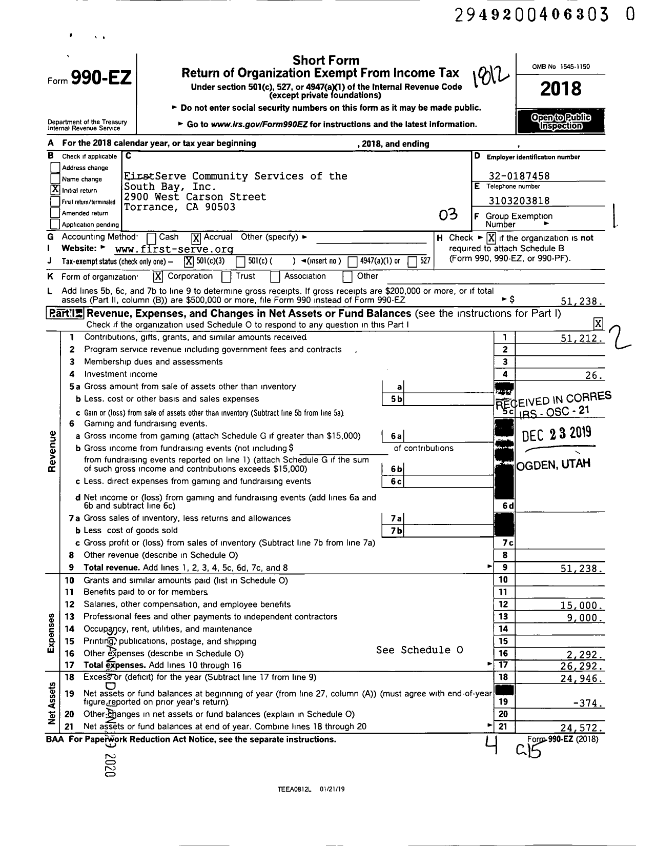 Image of first page of 2018 Form 990EZ for Firstserve Community Services of South Bay