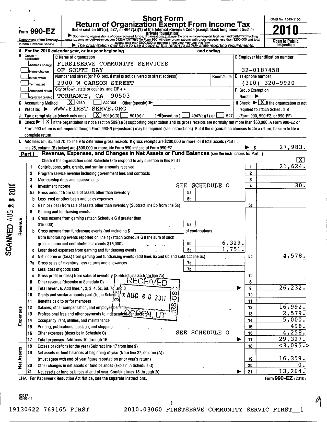 Image of first page of 2010 Form 990EZ for Firstserve Community Services of South Bay