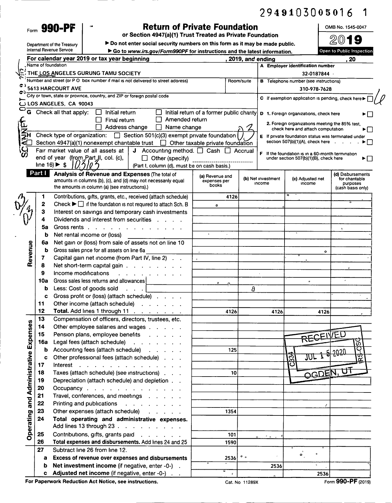 Image of first page of 2019 Form 990PF for The Los Angeles Gurung Tamu Society