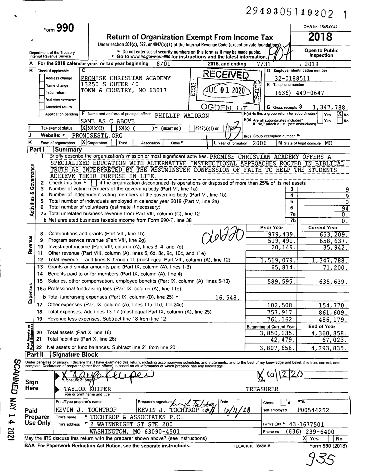 Image of first page of 2018 Form 990 for Promise Christian Academy