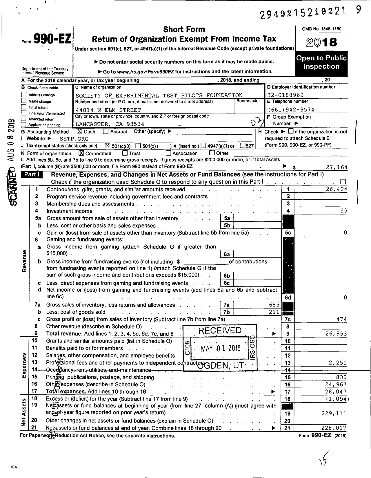 Image of first page of 2018 Form 990EZ for Society of Experimental Test Pilots Foundation