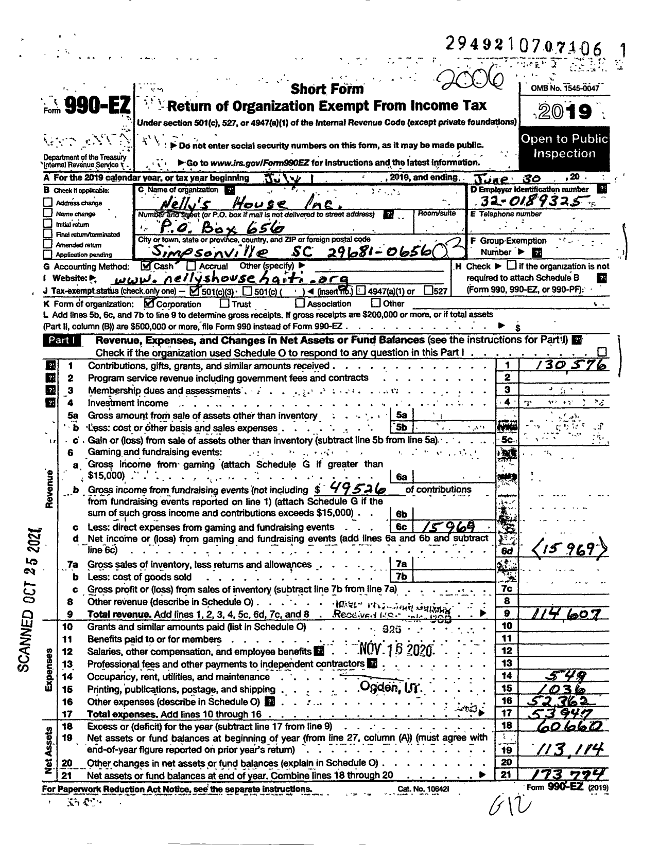 Image of first page of 2019 Form 990EZ for Nellys House