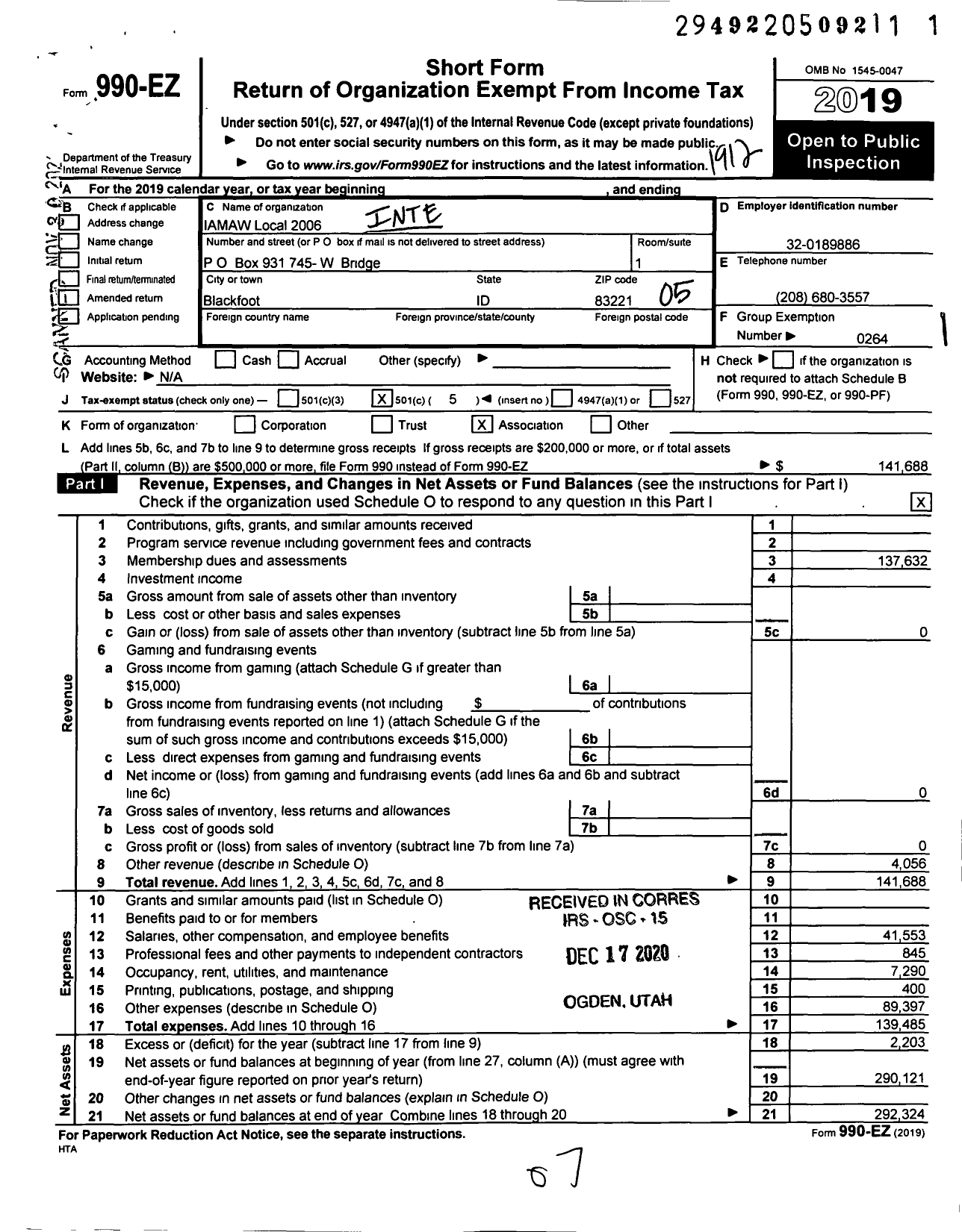 Image of first page of 2019 Form 990EO for International Association of Machinists and Aerospace Workers - 2006 LL