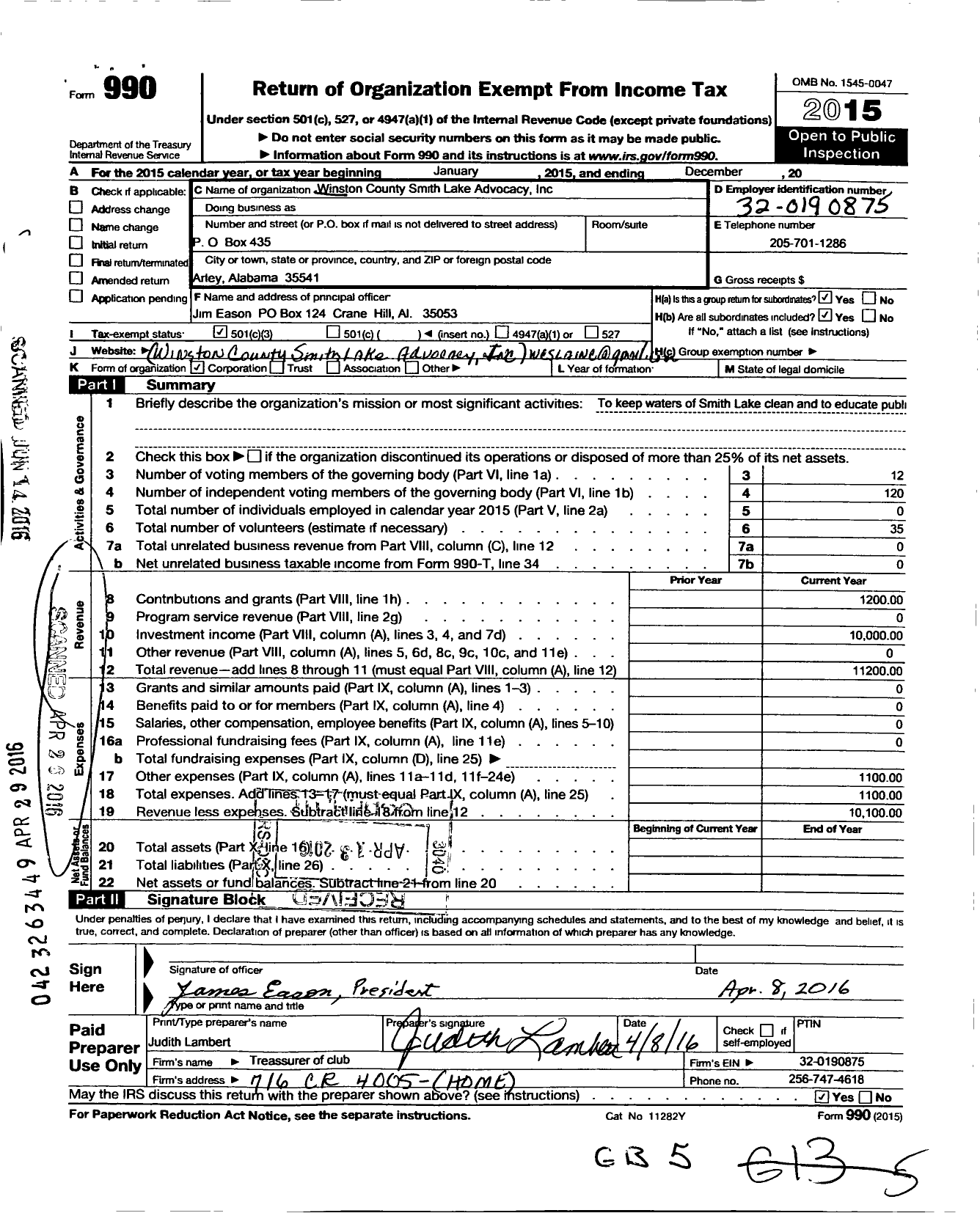 Image of first page of 2015 Form 990 for Winston County Smith Lake Advocacy