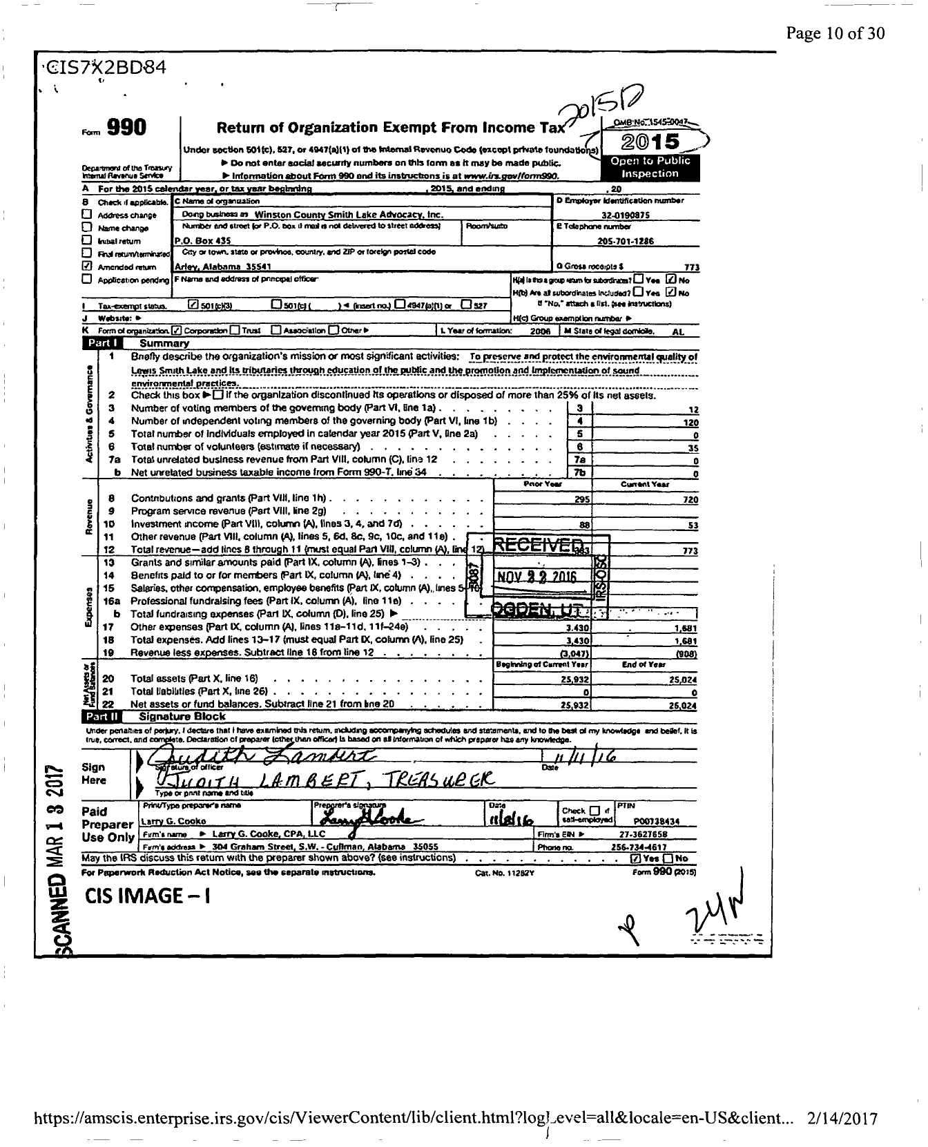 Image of first page of 2015 Form 990 for Winston County Smith Lake Advocacy