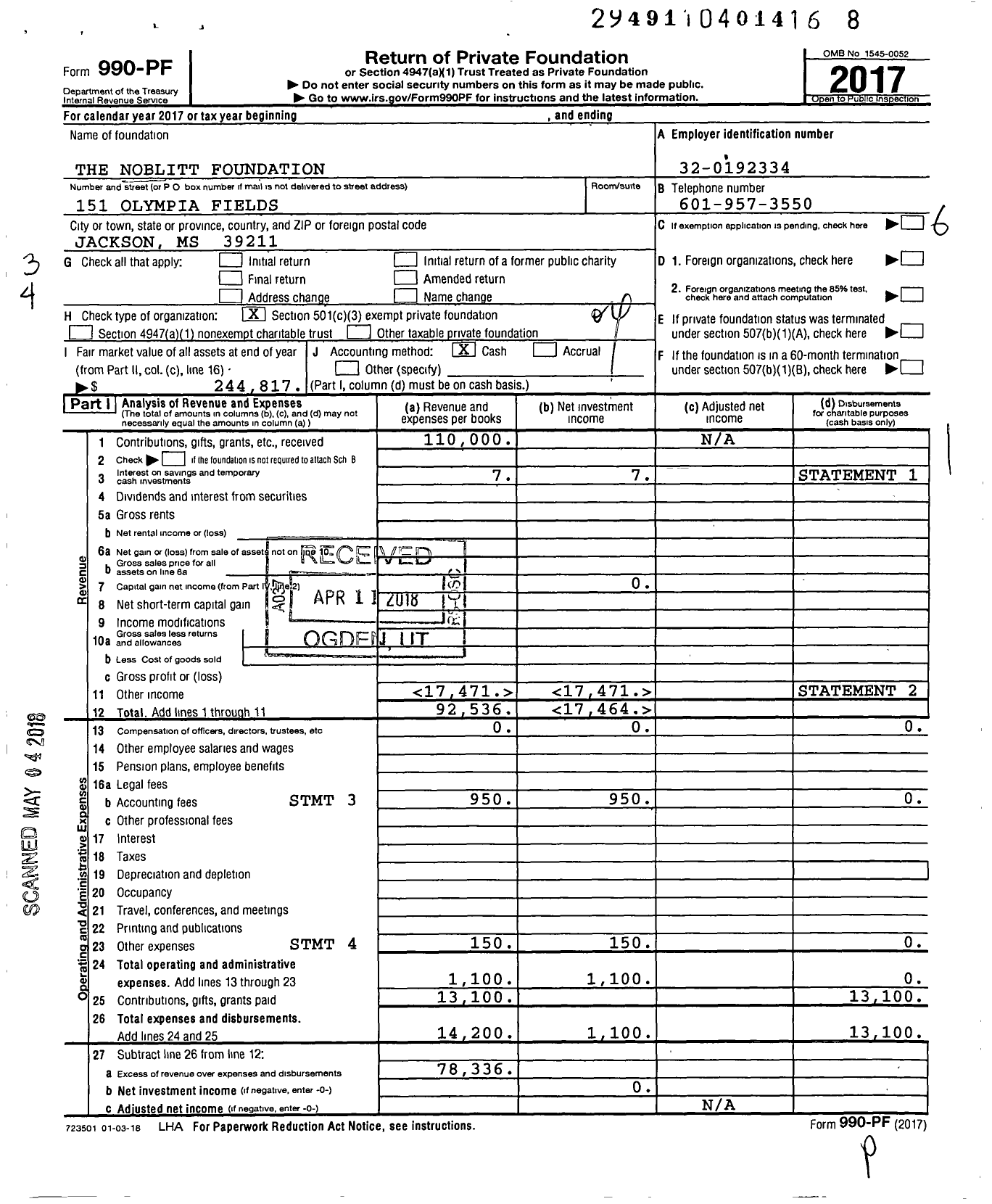 Image of first page of 2017 Form 990PF for The Noblitt Foundation