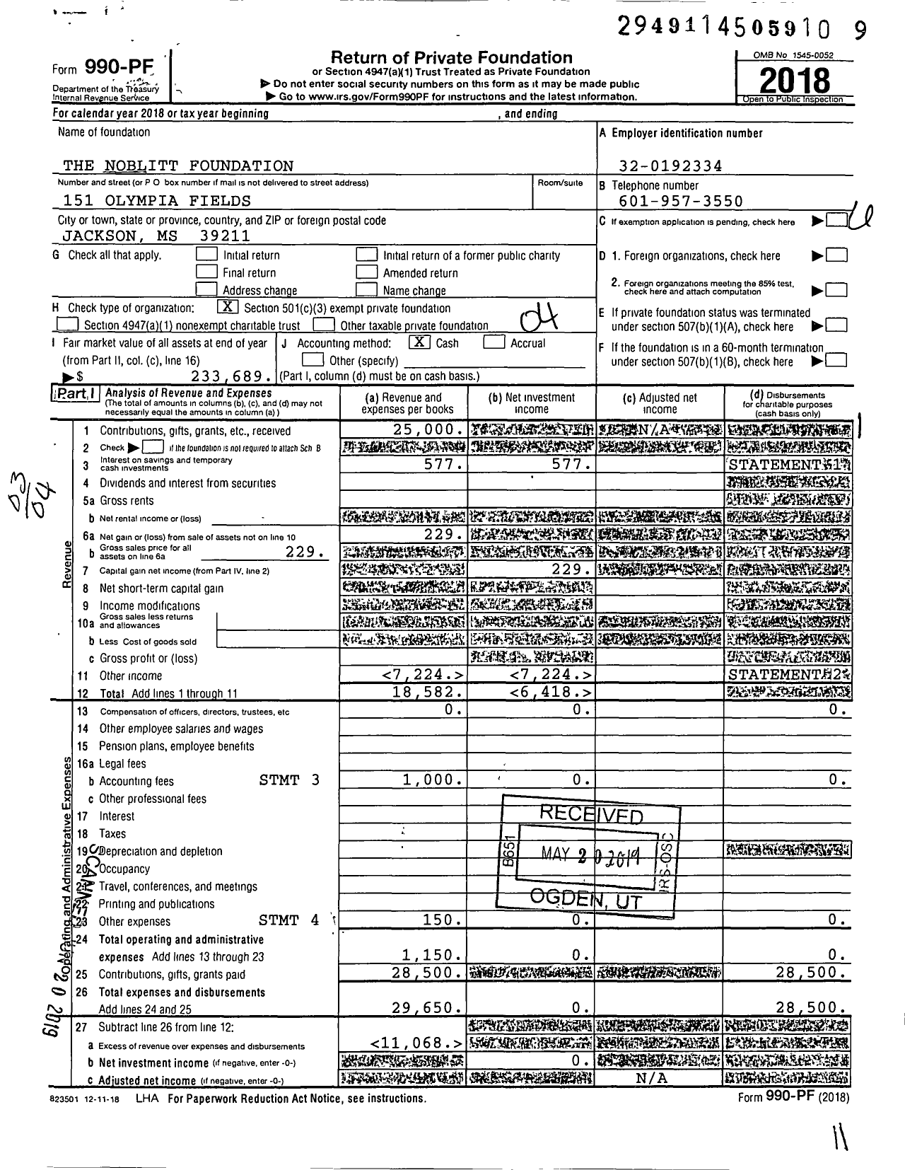 Image of first page of 2018 Form 990PF for The Noblitt Foundation