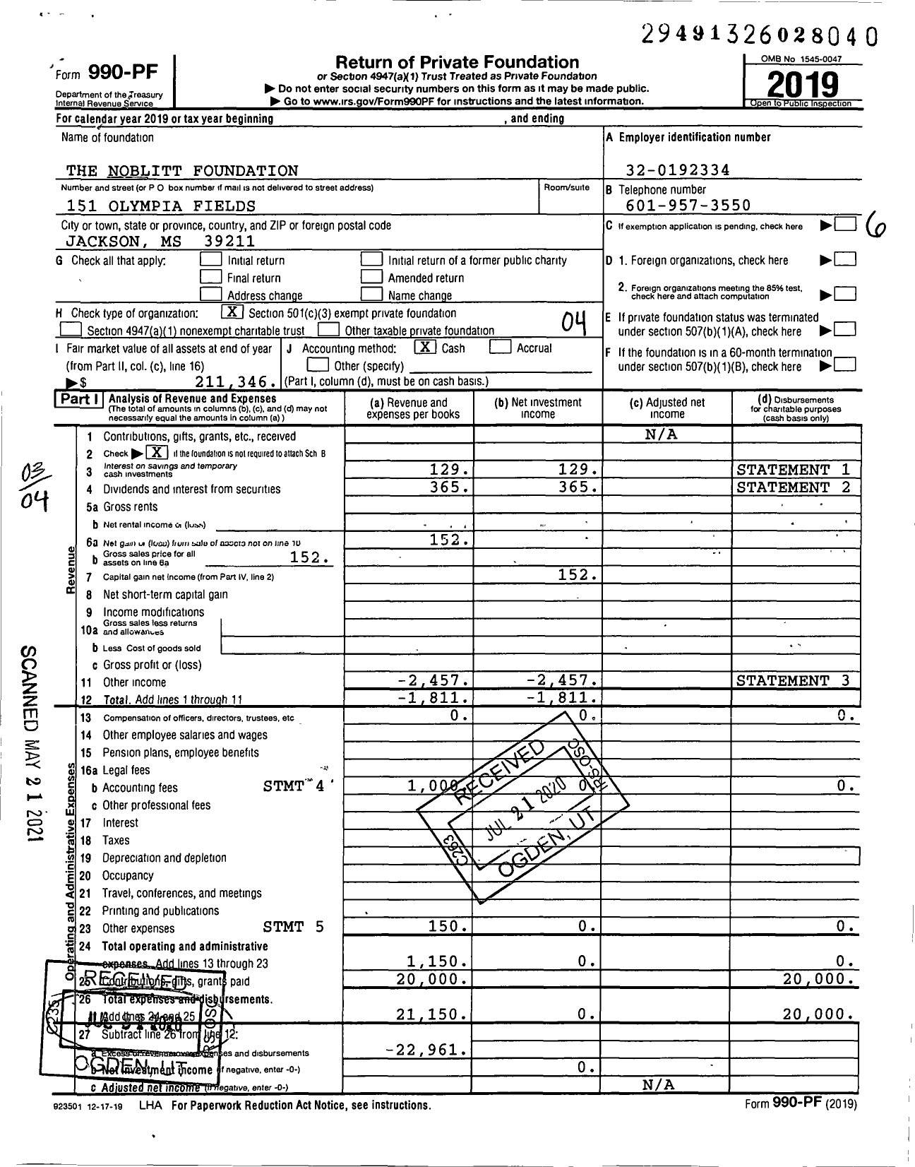 Image of first page of 2019 Form 990PF for The Noblitt Foundation