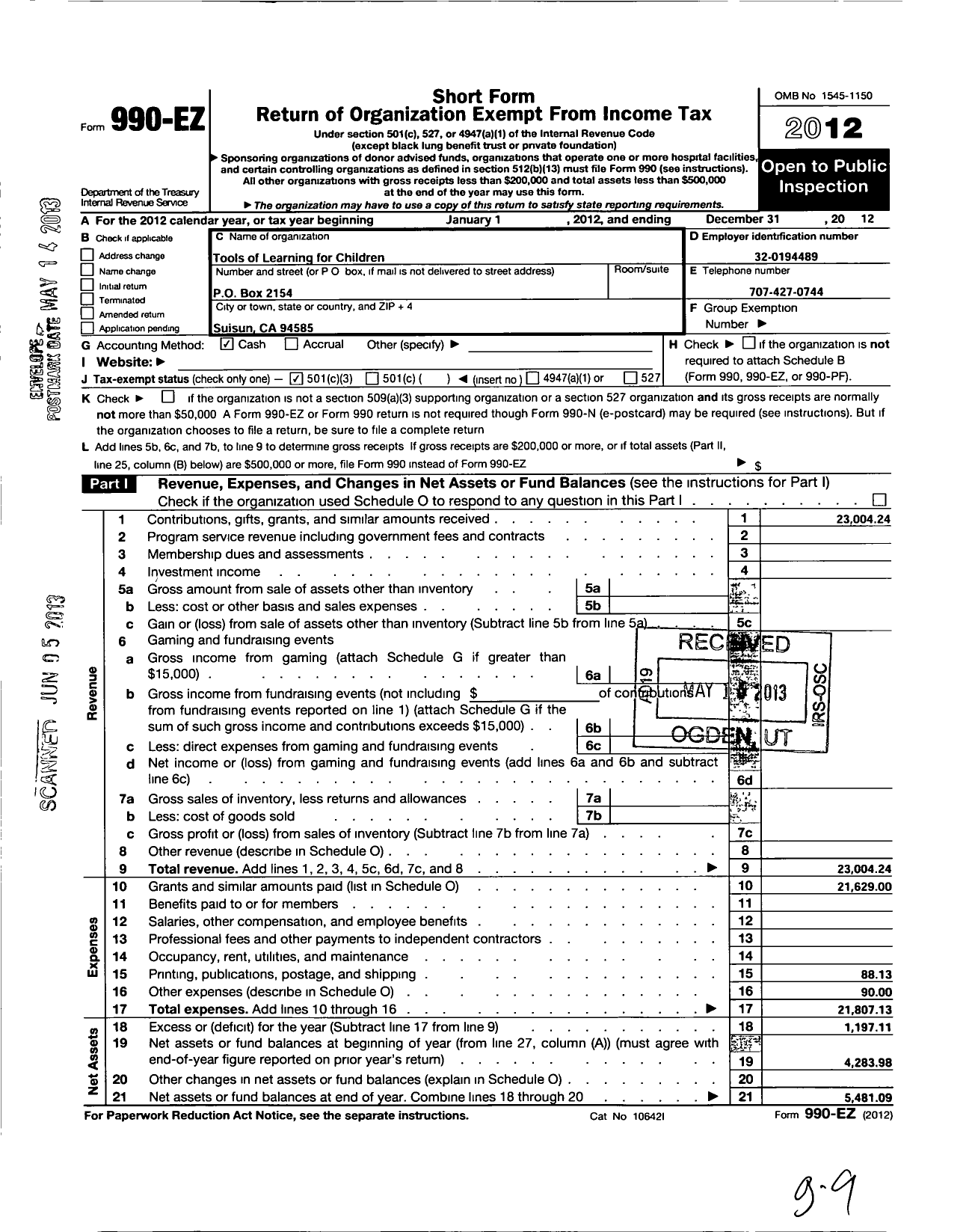 Image of first page of 2012 Form 990EZ for Tools of Learning for Children