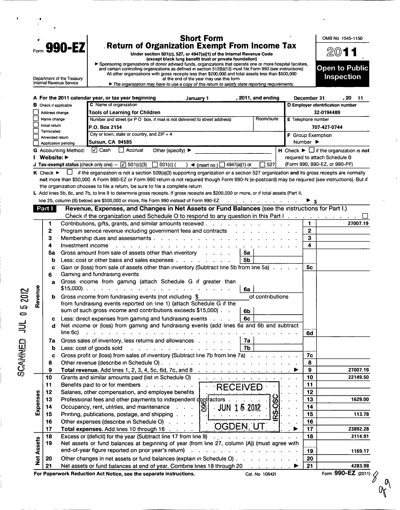 Image of first page of 2011 Form 990EZ for Tools of Learning for Children