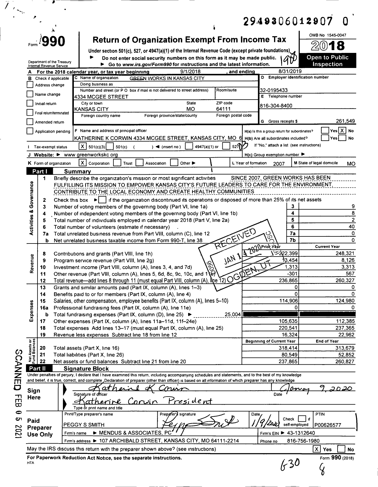 Image of first page of 2018 Form 990 for Green Works In Kansas City