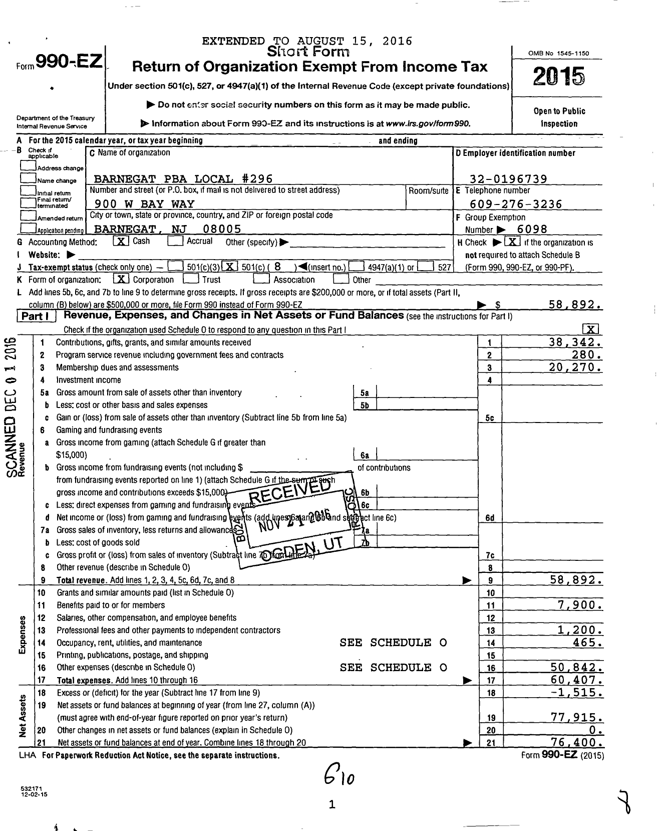 Image of first page of 2015 Form 990EO for Barnegat TWP Pba #296