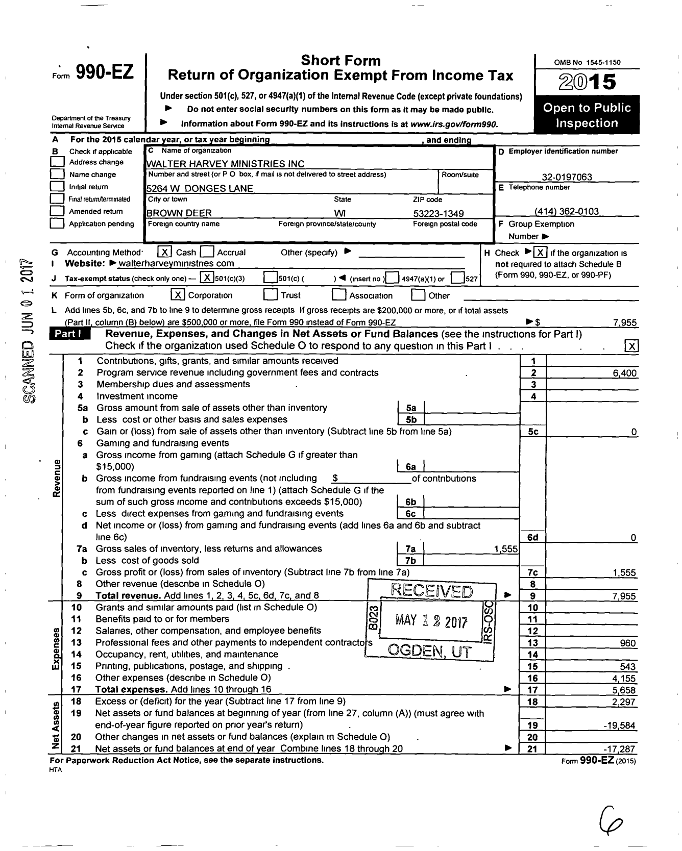 Image of first page of 2015 Form 990EZ for Walter Harvey Ministries