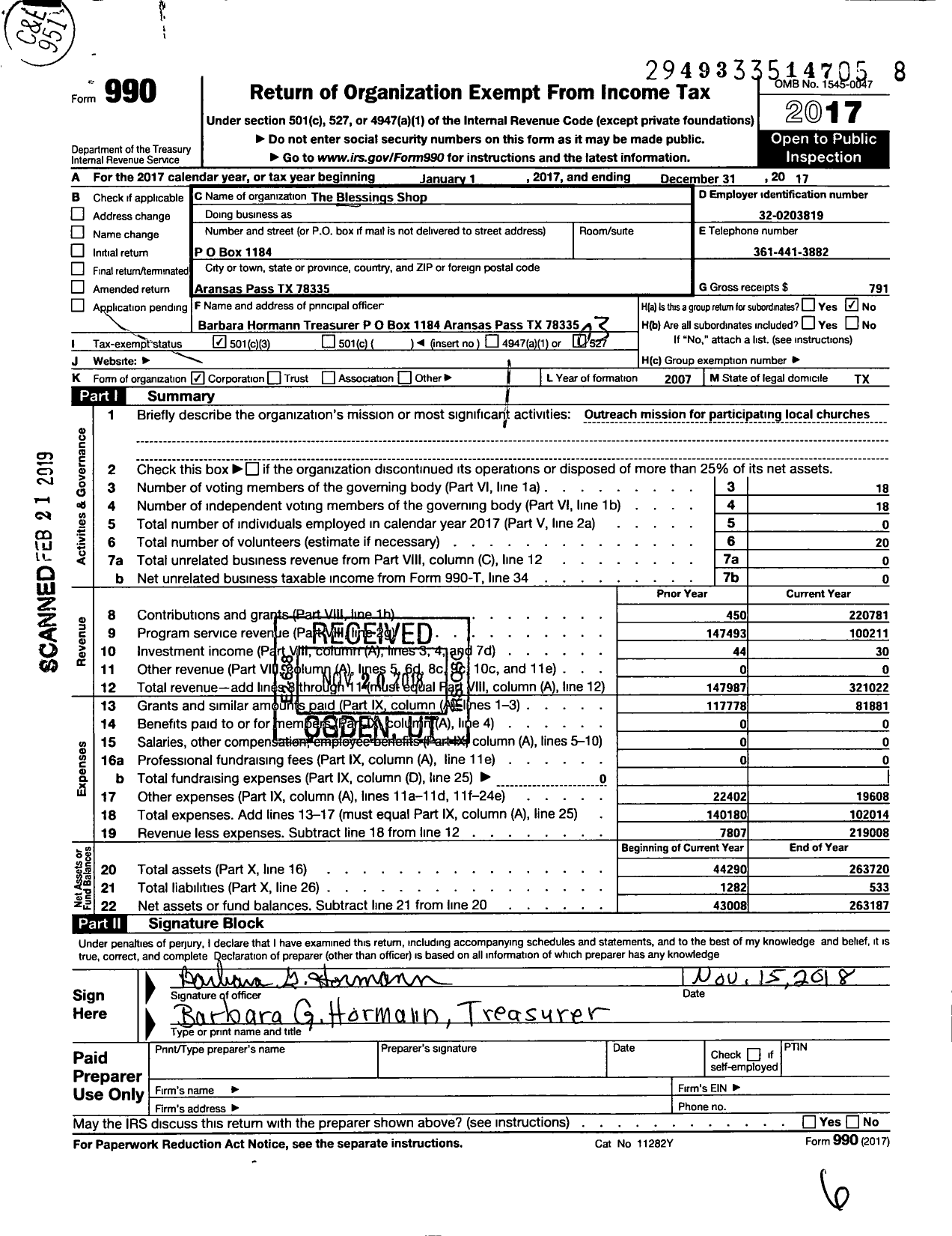 Image of first page of 2017 Form 990 for The Blessings Shop