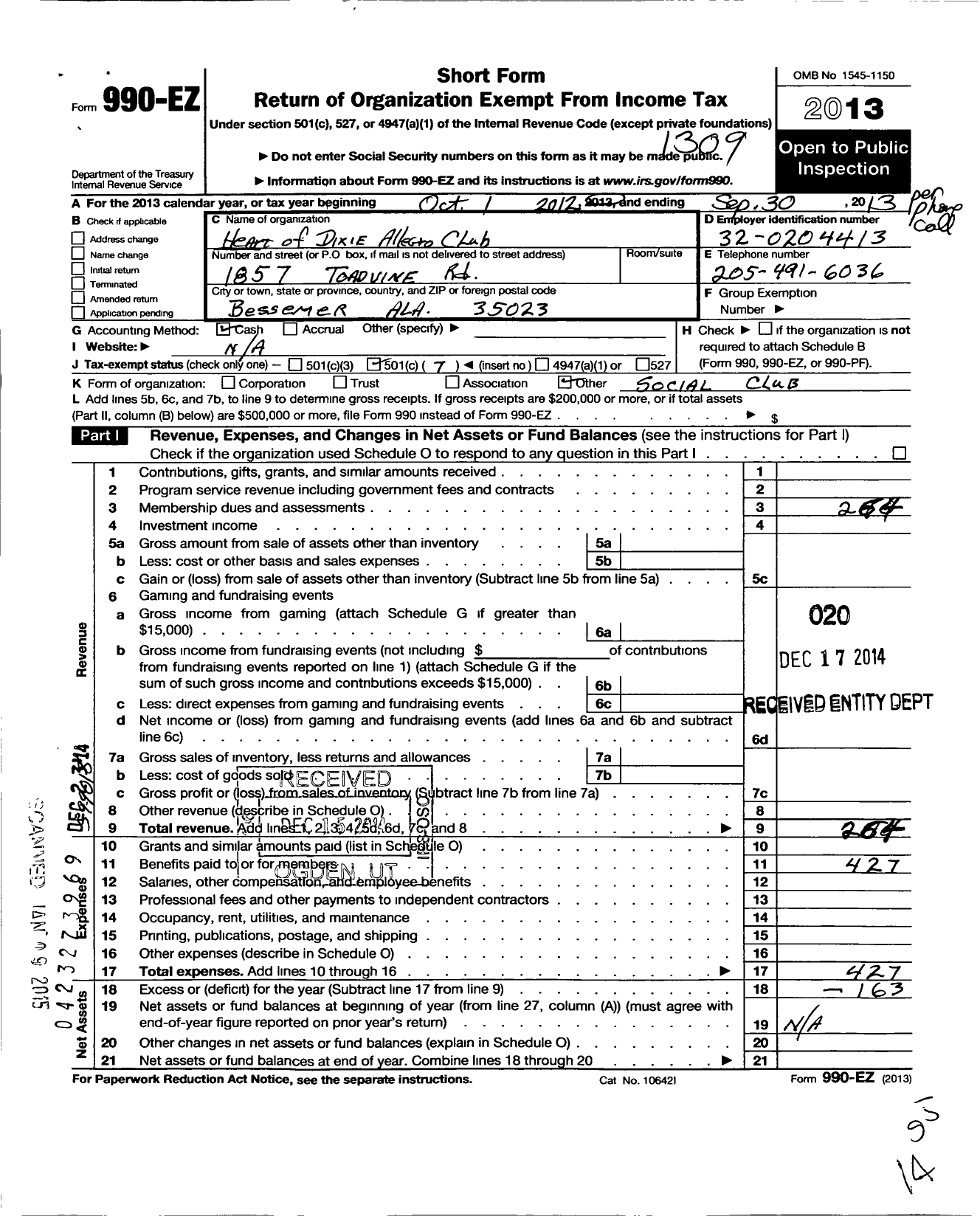 Image of first page of 2012 Form 990EO for Heart of Dixie Allegros Chapter No 160