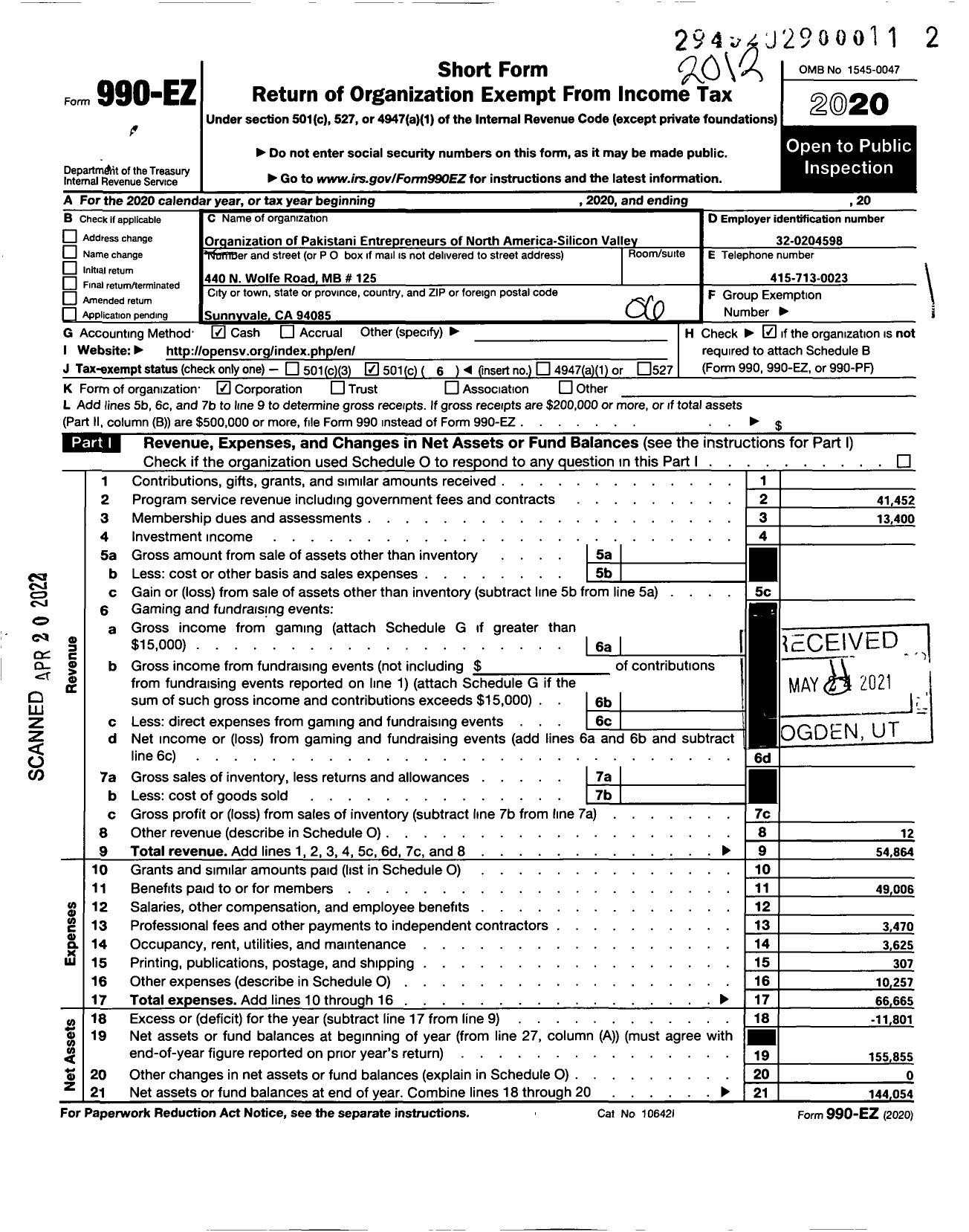 Image of first page of 2020 Form 990EO for Organization of Pakistani Entrepreneurs of North America-Silicon Valley