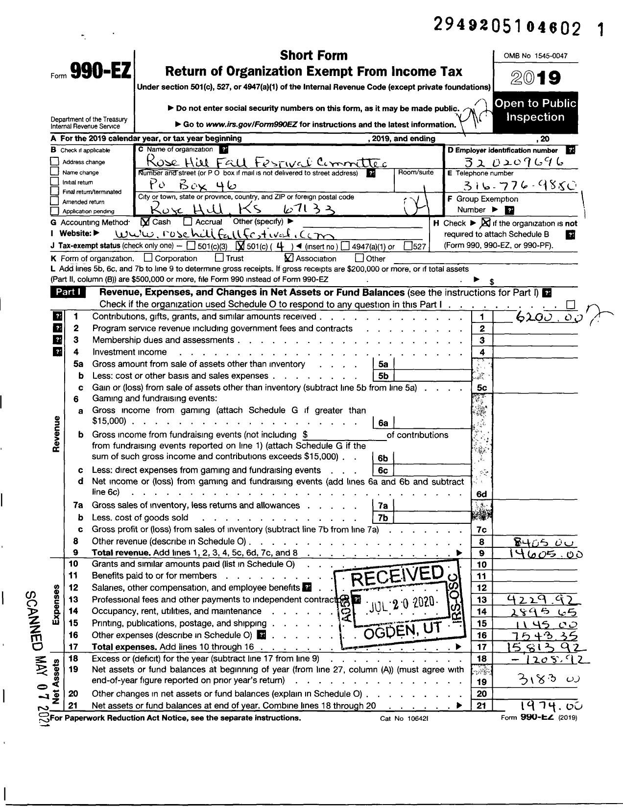 Image of first page of 2019 Form 990EO for Rose Hill Fall Festival Committee