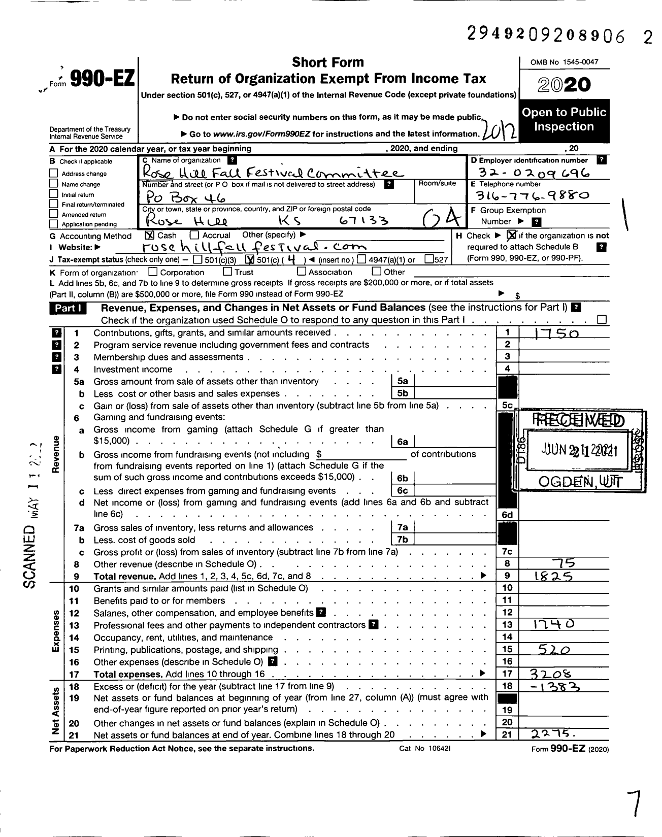 Image of first page of 2020 Form 990EO for Rose Hill Fall Festival Committee