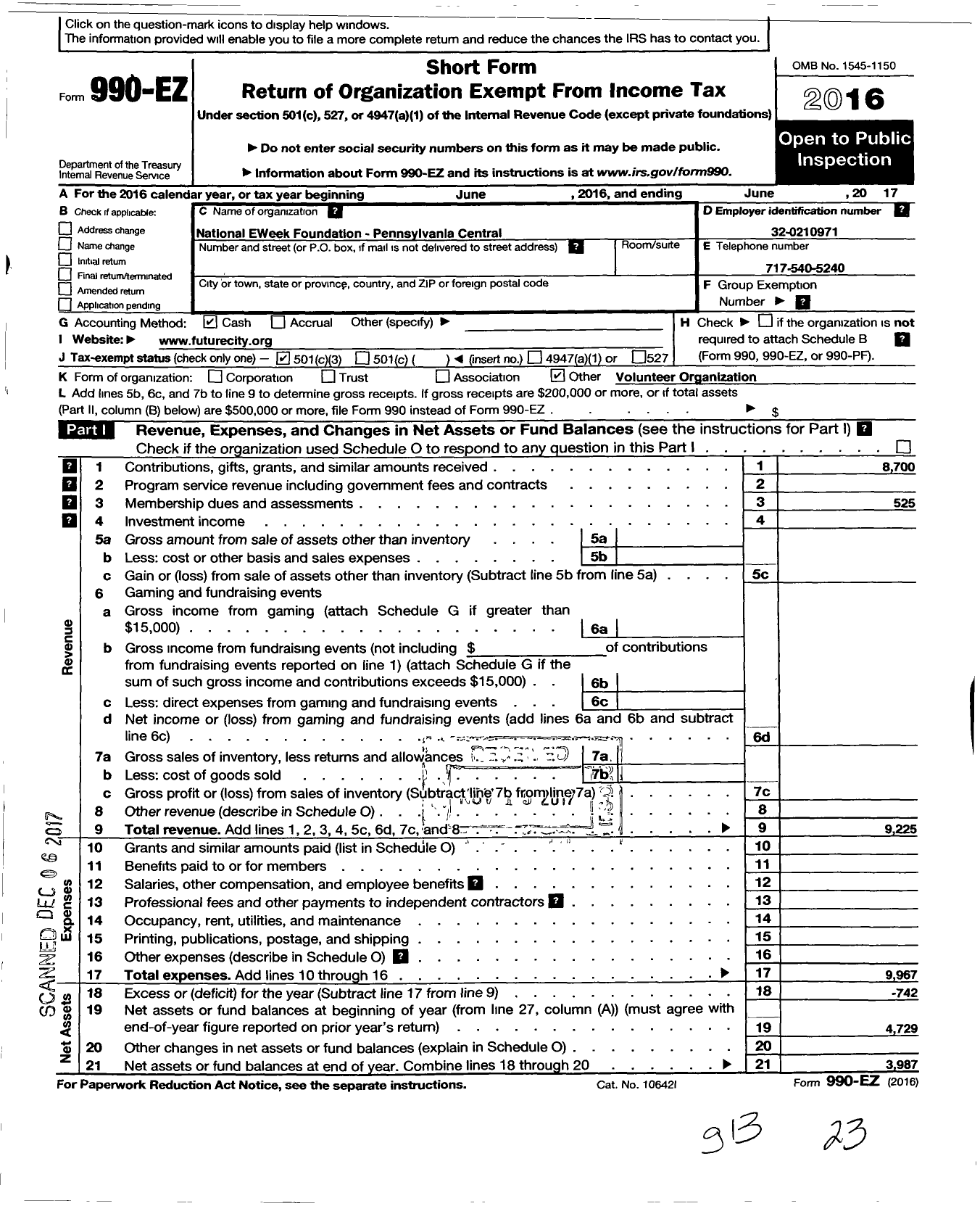 Image of first page of 2016 Form 990EZ for NATIONAL ENGINEERS WEEK FOUNDATION Future City Central Pennsylvania