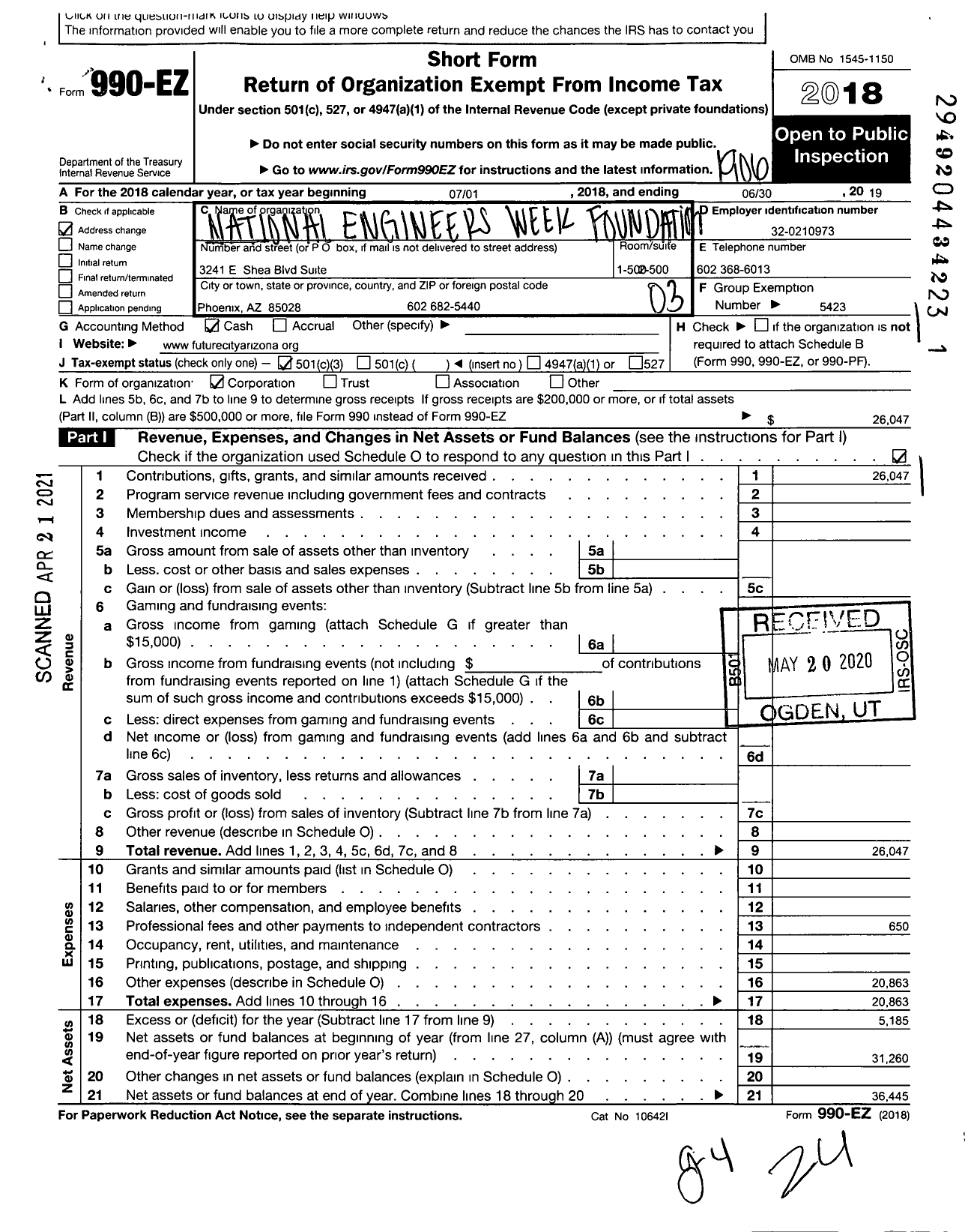 Image of first page of 2018 Form 990EZ for National Engineers Week Future City Competition - Arizona Region