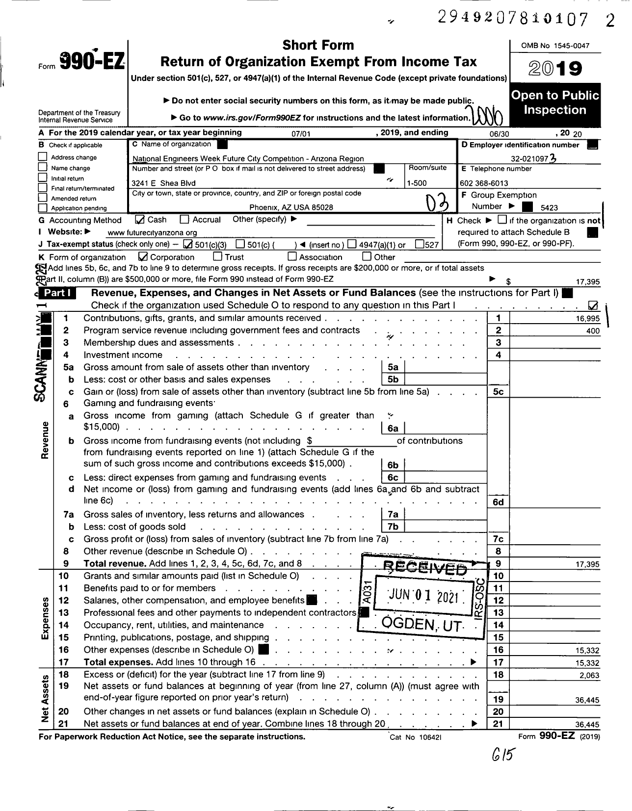 Image of first page of 2019 Form 990EZ for National Engineers Week Future City Competition - Arizona Region