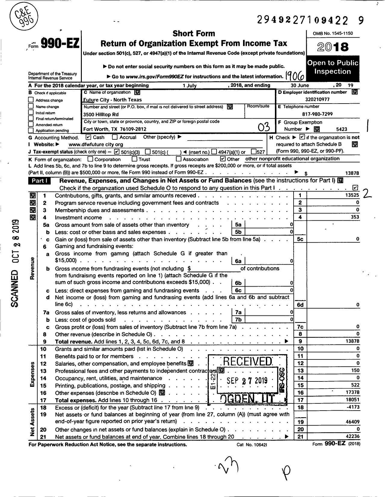 Image of first page of 2018 Form 990EZ for National Engineers Week Foundation / North Texas