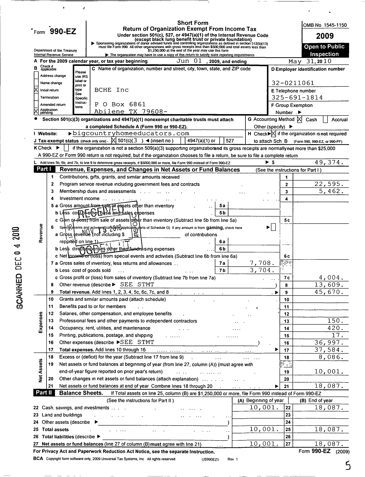 Image of first page of 2009 Form 990EZ for Big Country Home Educators