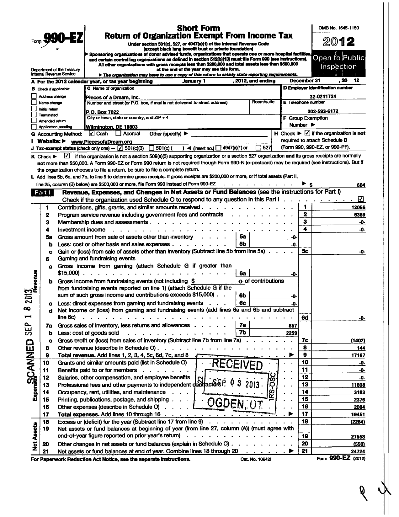 Image of first page of 2012 Form 990EZ for Pieces of A Dream