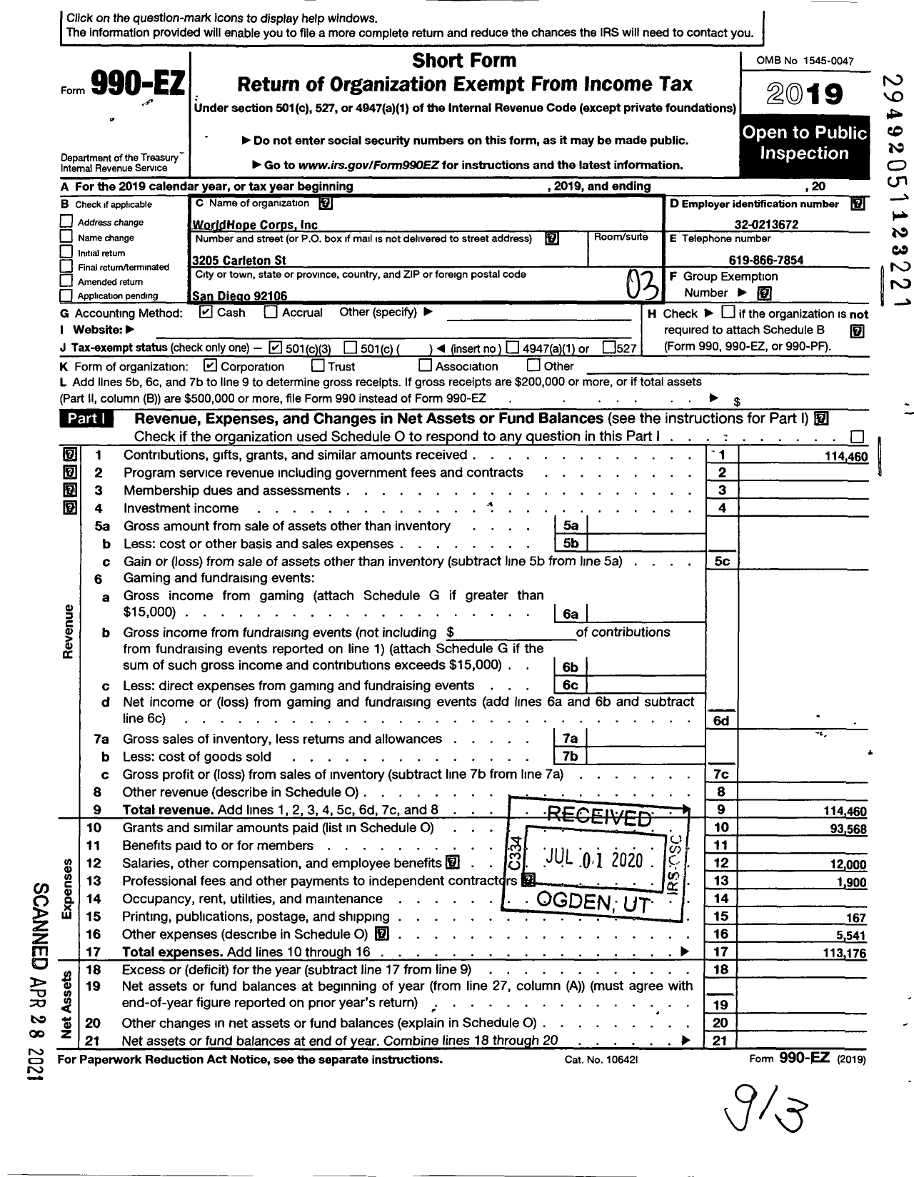 Image of first page of 2019 Form 990EZ for WorldHope Corps