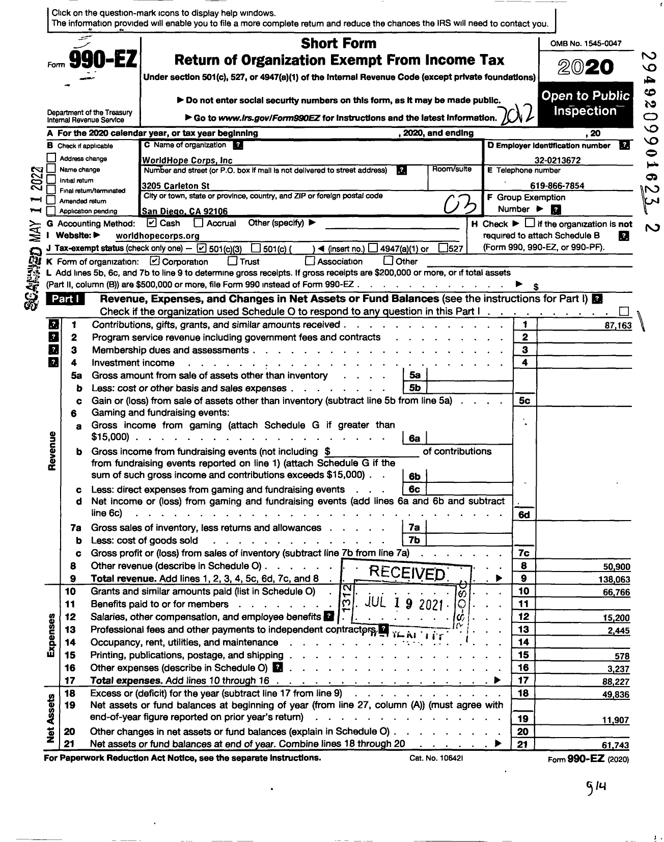 Image of first page of 2020 Form 990EZ for WorldHope Corps