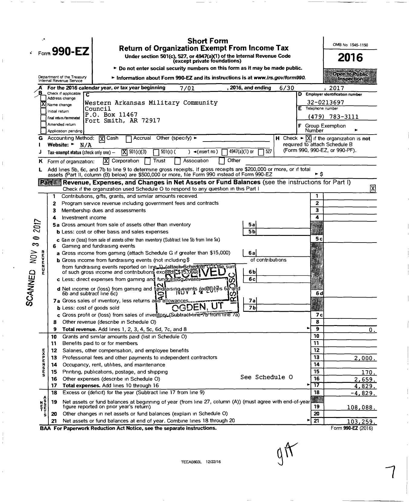 Image of first page of 2016 Form 990EZ for Western Arkansas Military Community Council