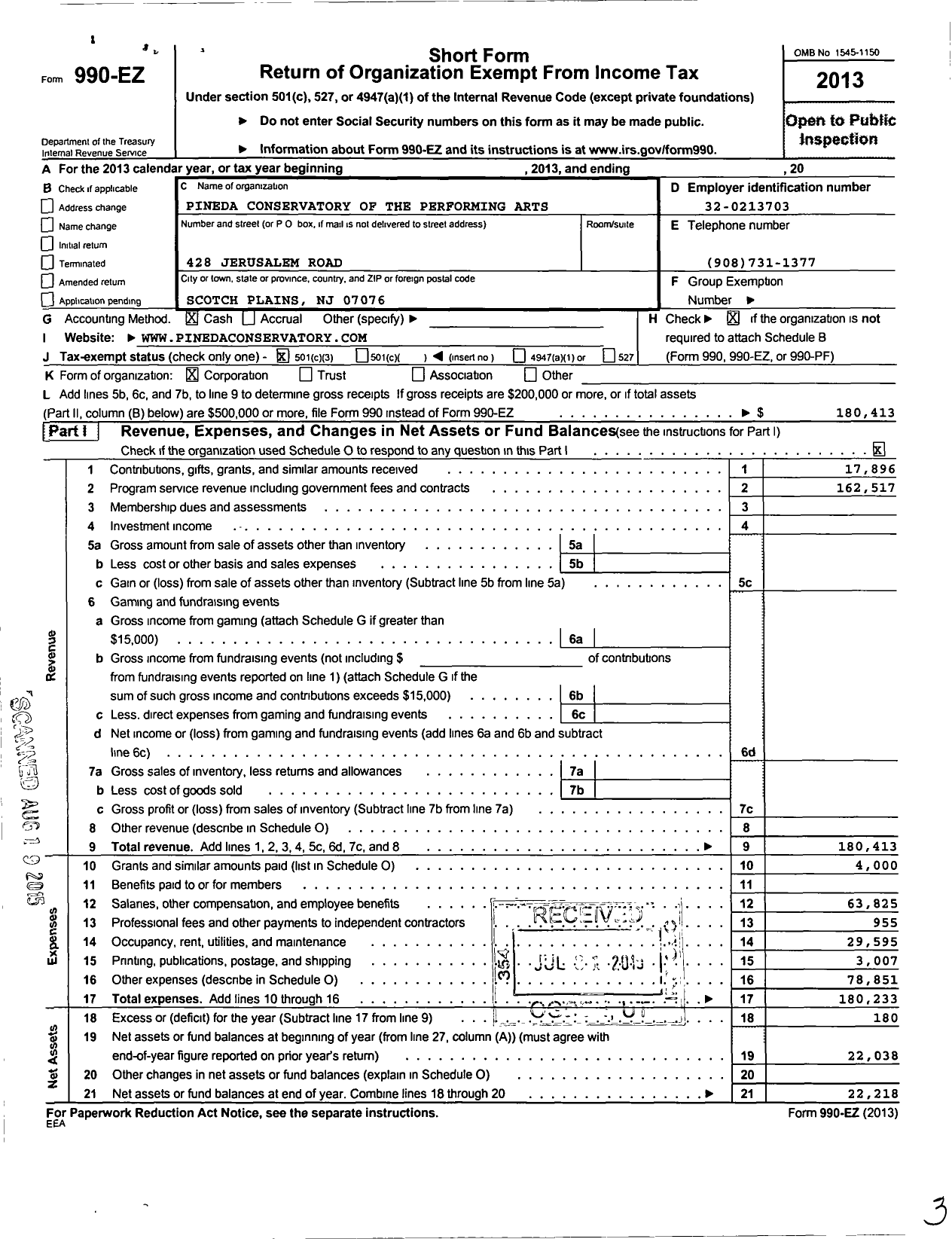 Image of first page of 2013 Form 990EZ for Pineda Conservatory for the Performing Arts