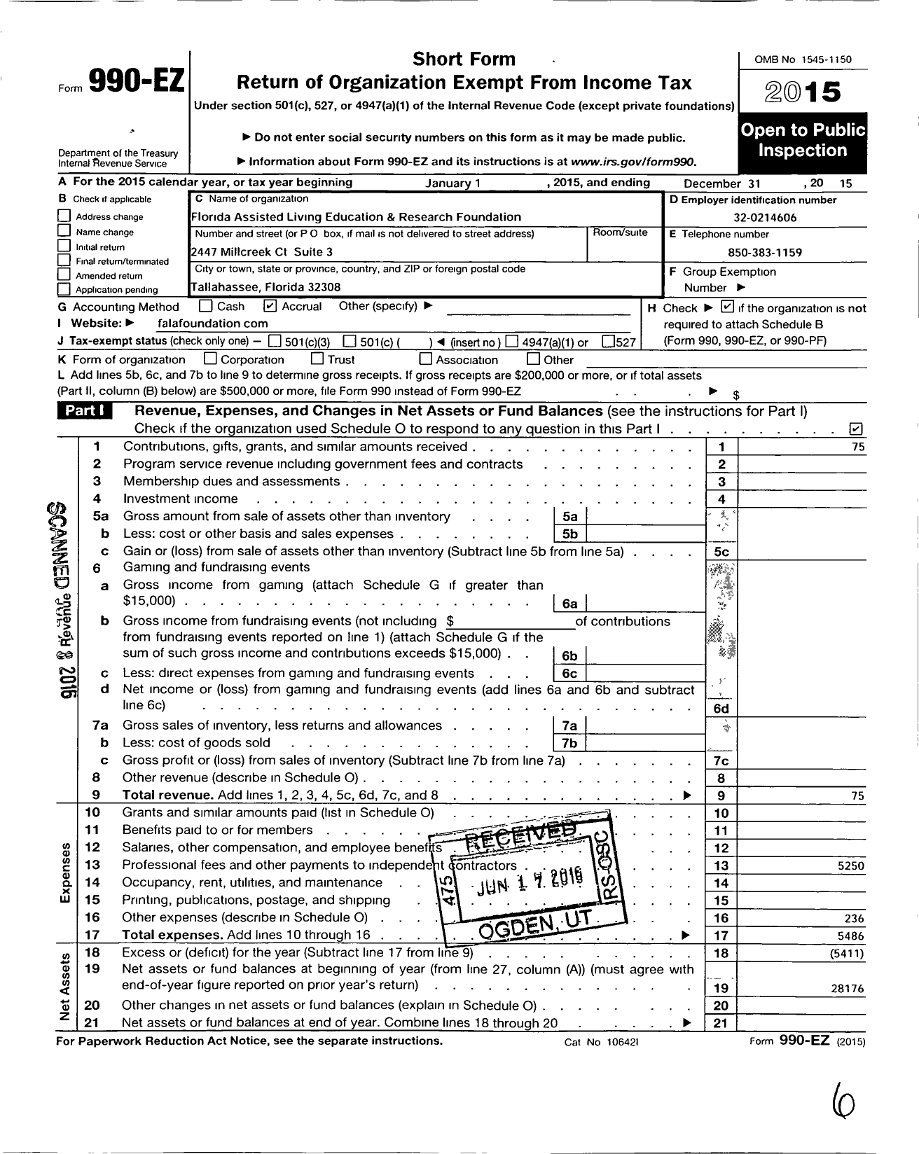 Image of first page of 2015 Form 990EO for Florida Assisted Living Education and Research Foundation