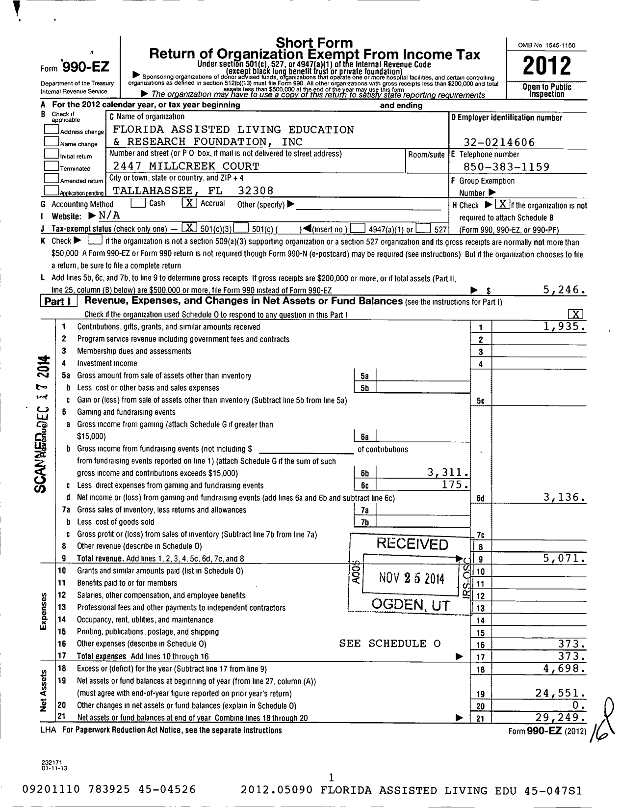 Image of first page of 2012 Form 990EZ for Florida Assisted Living Education and Research Foundation