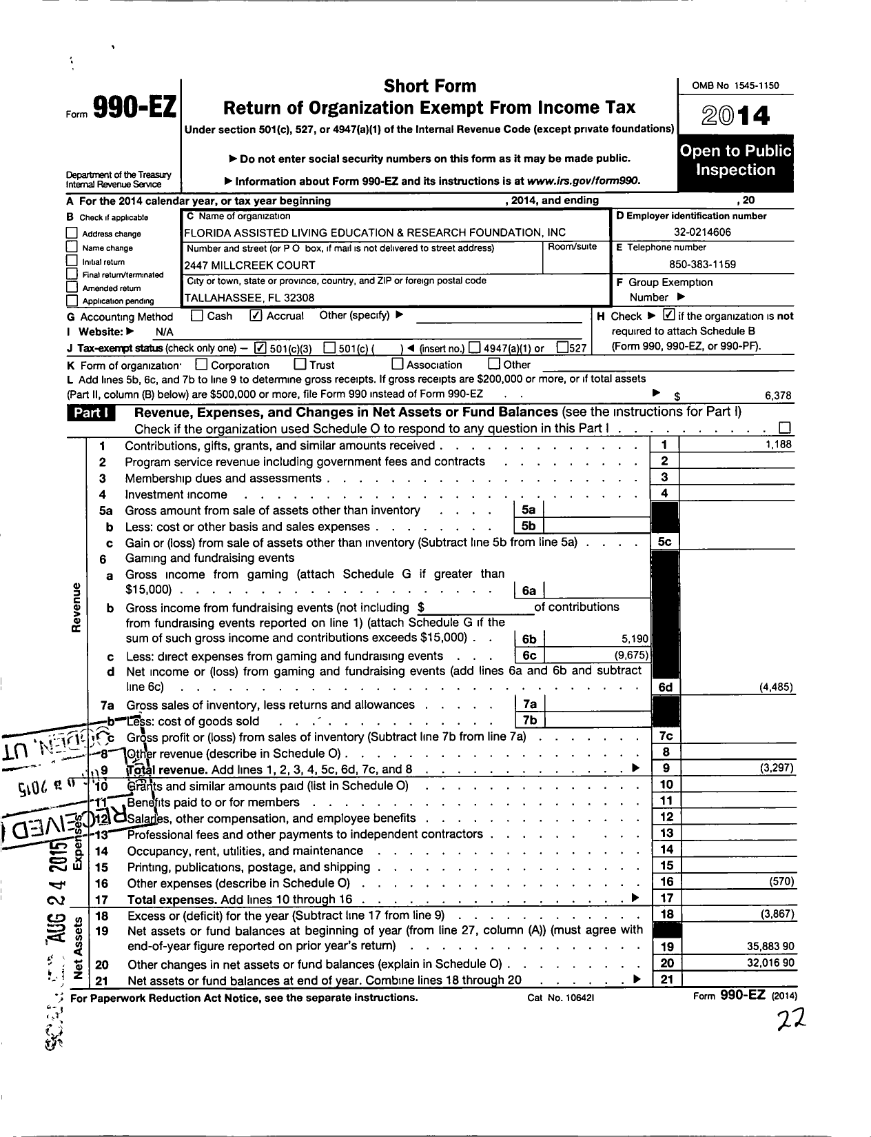 Image of first page of 2014 Form 990EZ for Florida Assisted Living Education and Research Foundation