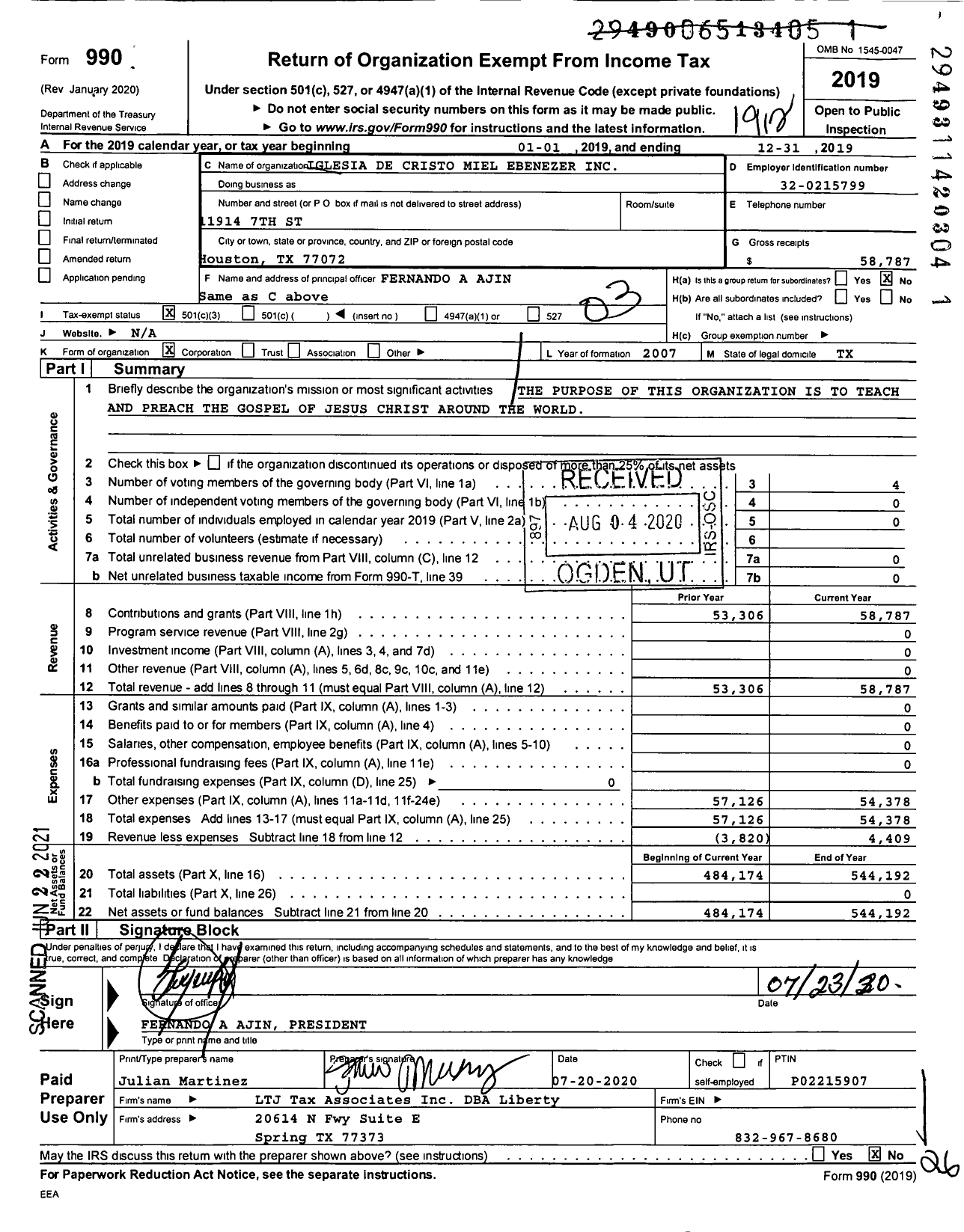 Image of first page of 2019 Form 990 for Iglesia de Cristo Miel Ebenezer