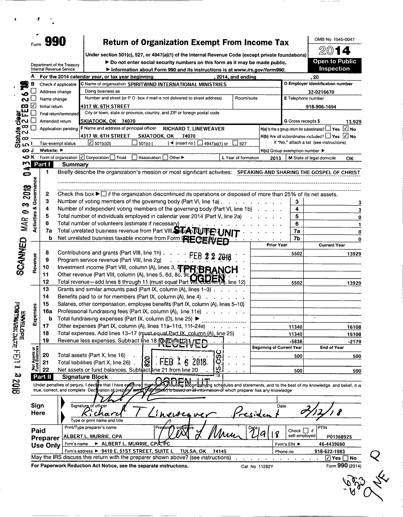 Image of first page of 2014 Form 990A for Spiritwind International Ministries