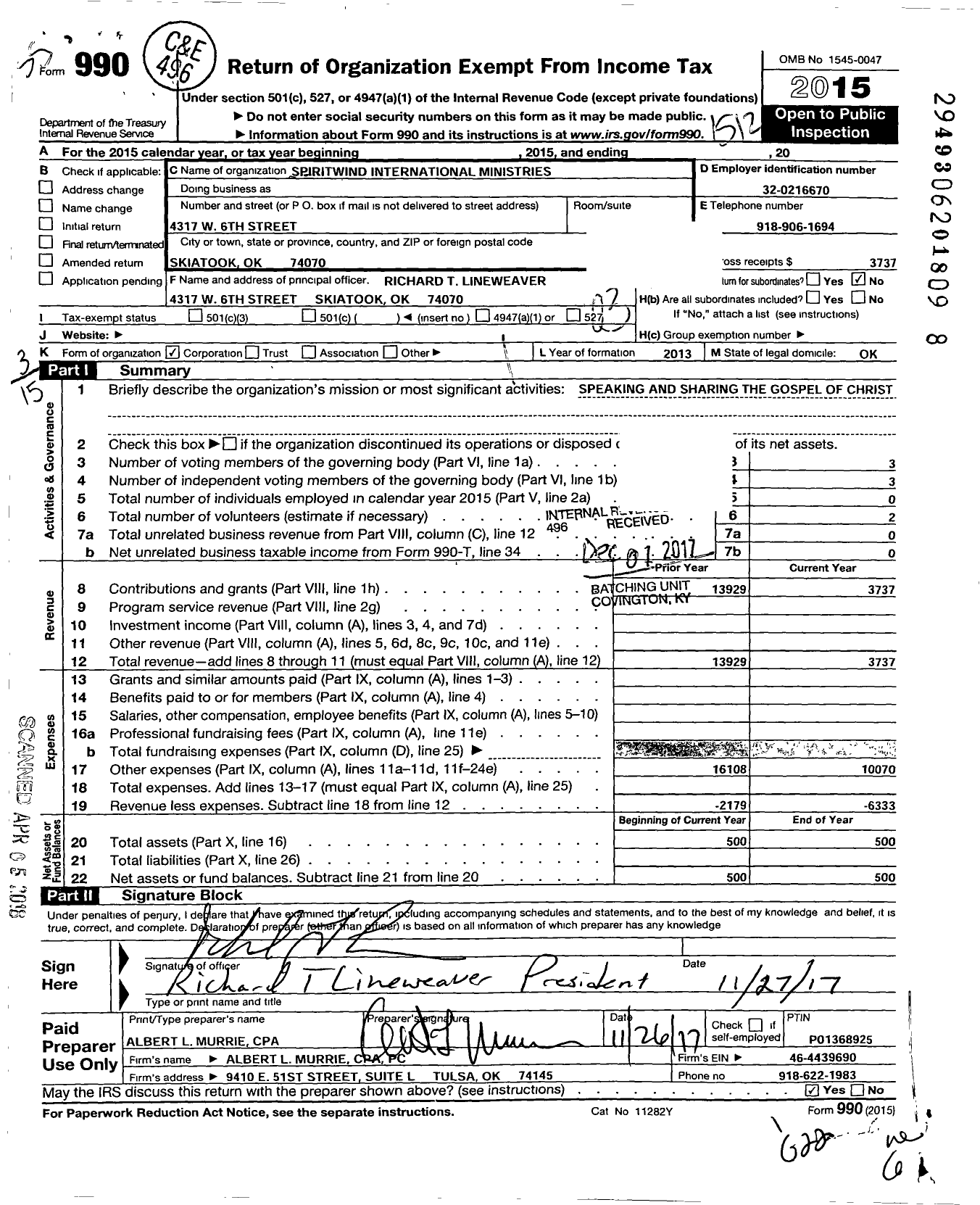 Image of first page of 2015 Form 990 for Spiritwind International Ministries