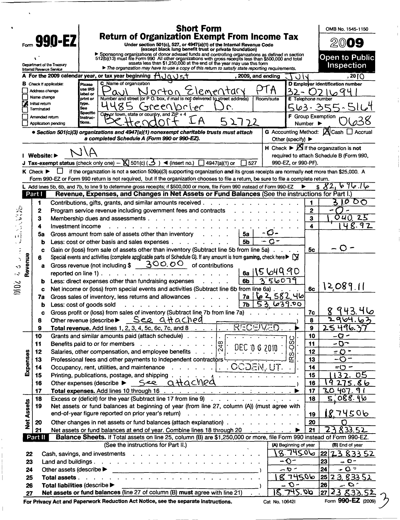 Image of first page of 2009 Form 990EZ for Paul Norton Elementary PTA