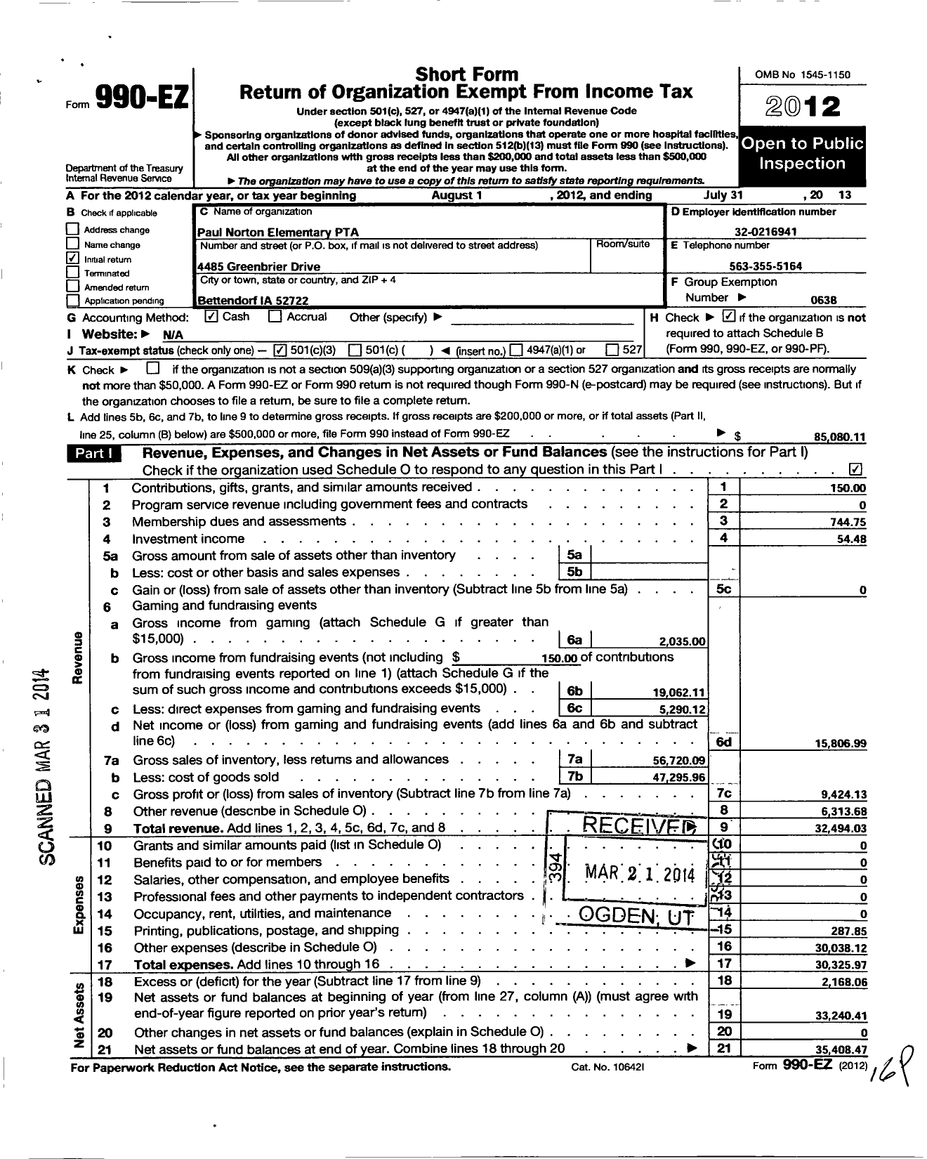 Image of first page of 2012 Form 990EZ for Paul Norton Elementary PTA