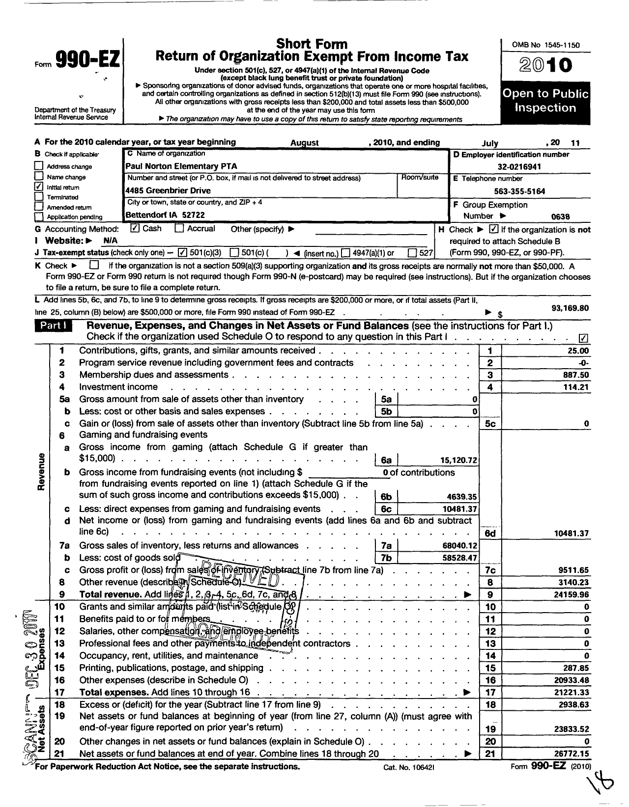 Image of first page of 2010 Form 990EZ for Paul Norton Elementary PTA