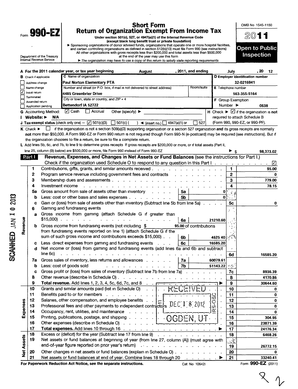 Image of first page of 2011 Form 990EZ for Paul Norton Elementary PTA