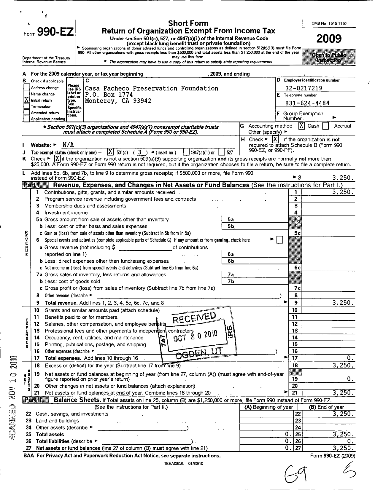 Image of first page of 2009 Form 990EZ for Casa Pacheco Preservation Foundation