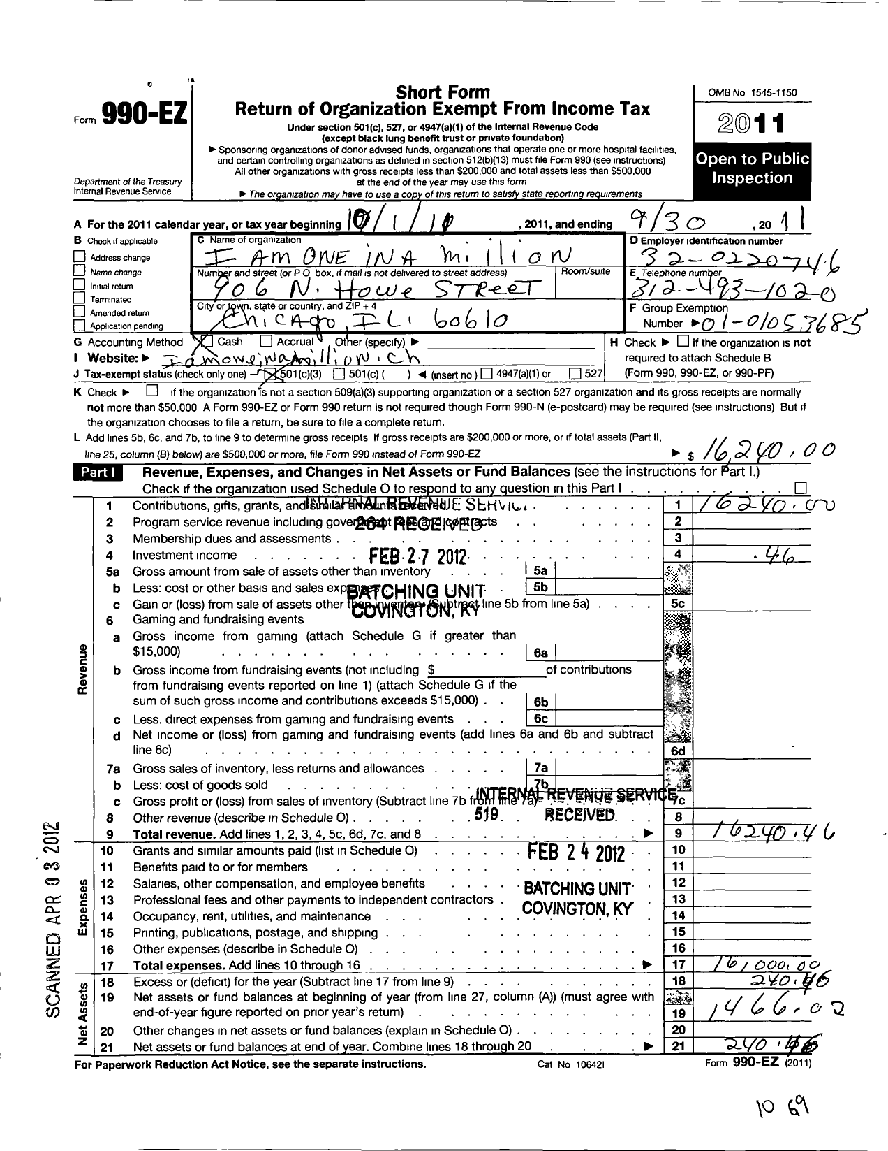 Image of first page of 2010 Form 990EZ for I Am 1 in A Million