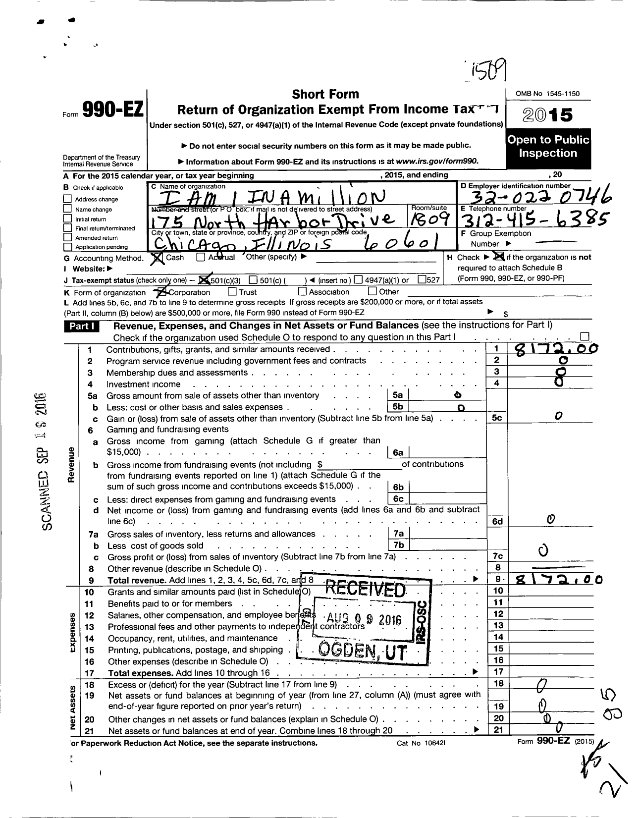 Image of first page of 2014 Form 990EZ for I Am 1 in A Million