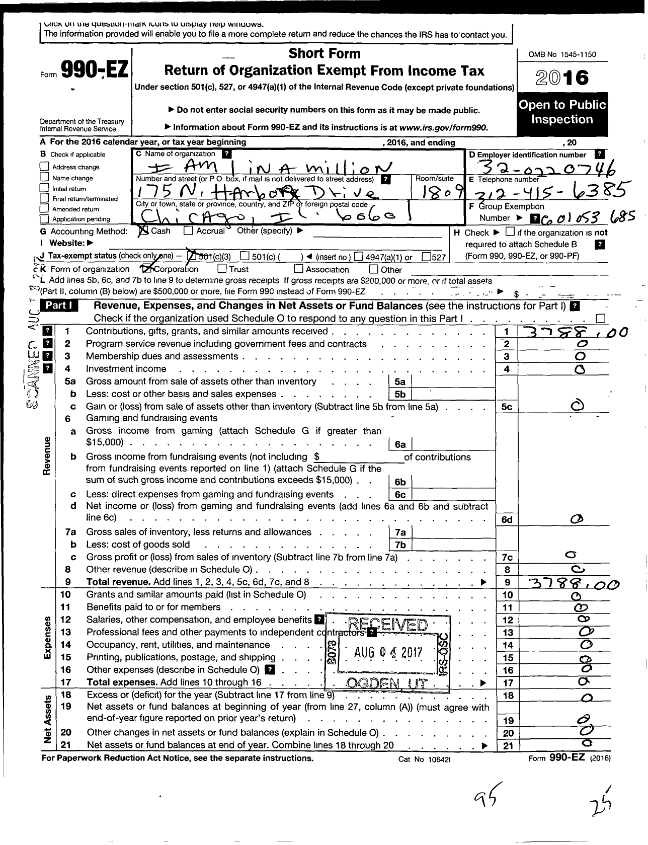 Image of first page of 2016 Form 990EZ for I Am 1 in A Million